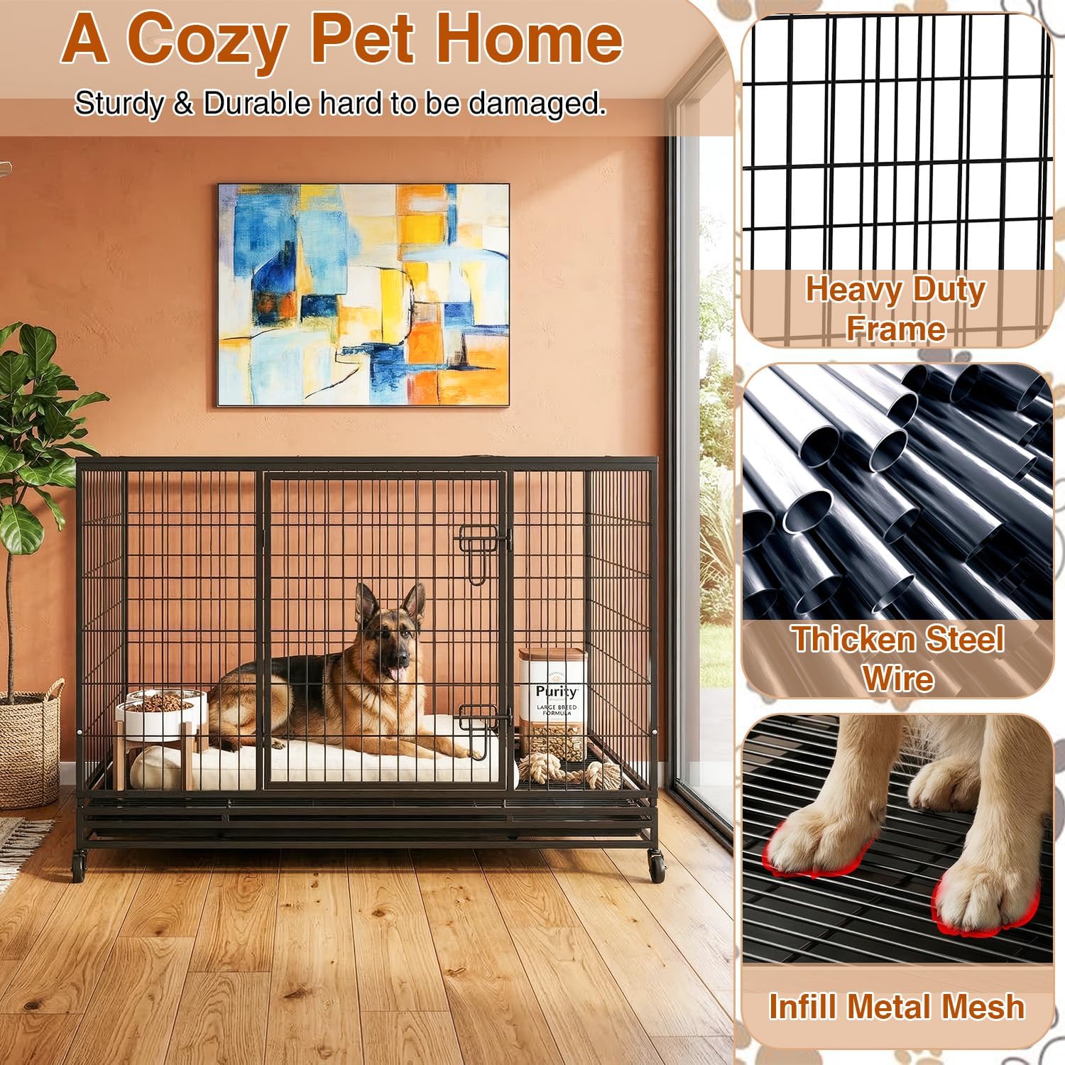BestPet 48 Inch Heavy Duty Dog Crate, Indestructible Escape-Proof Kennel with Double Door & Removable Tray for Medium to Large Dogs,Black