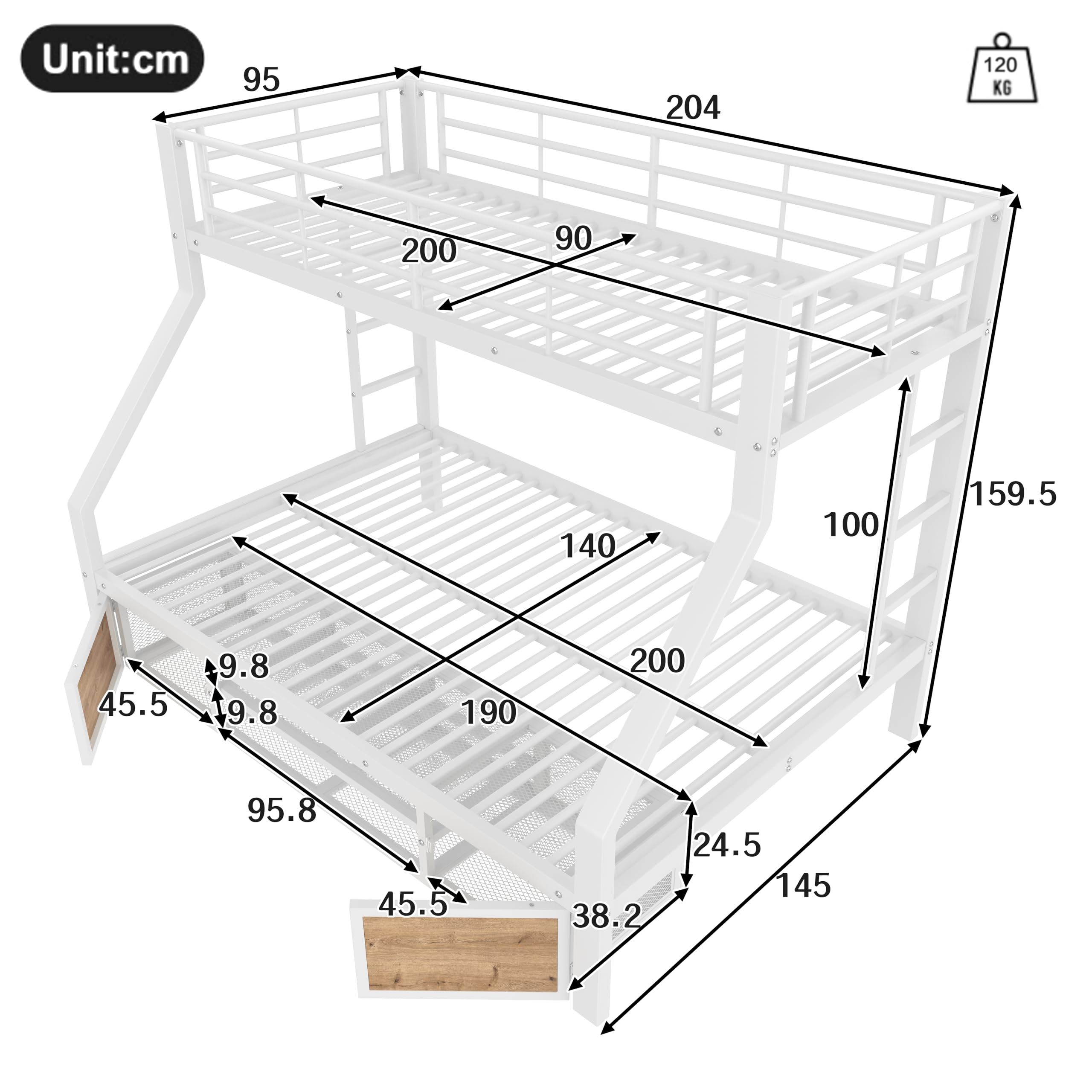 Soweiz Letto a castello 90 x 200 cm, 140 x 200 cm, culla con scarpiera, portaoggetti, ringhiere di sicurezza, scaletta, senza materasso (bianco)