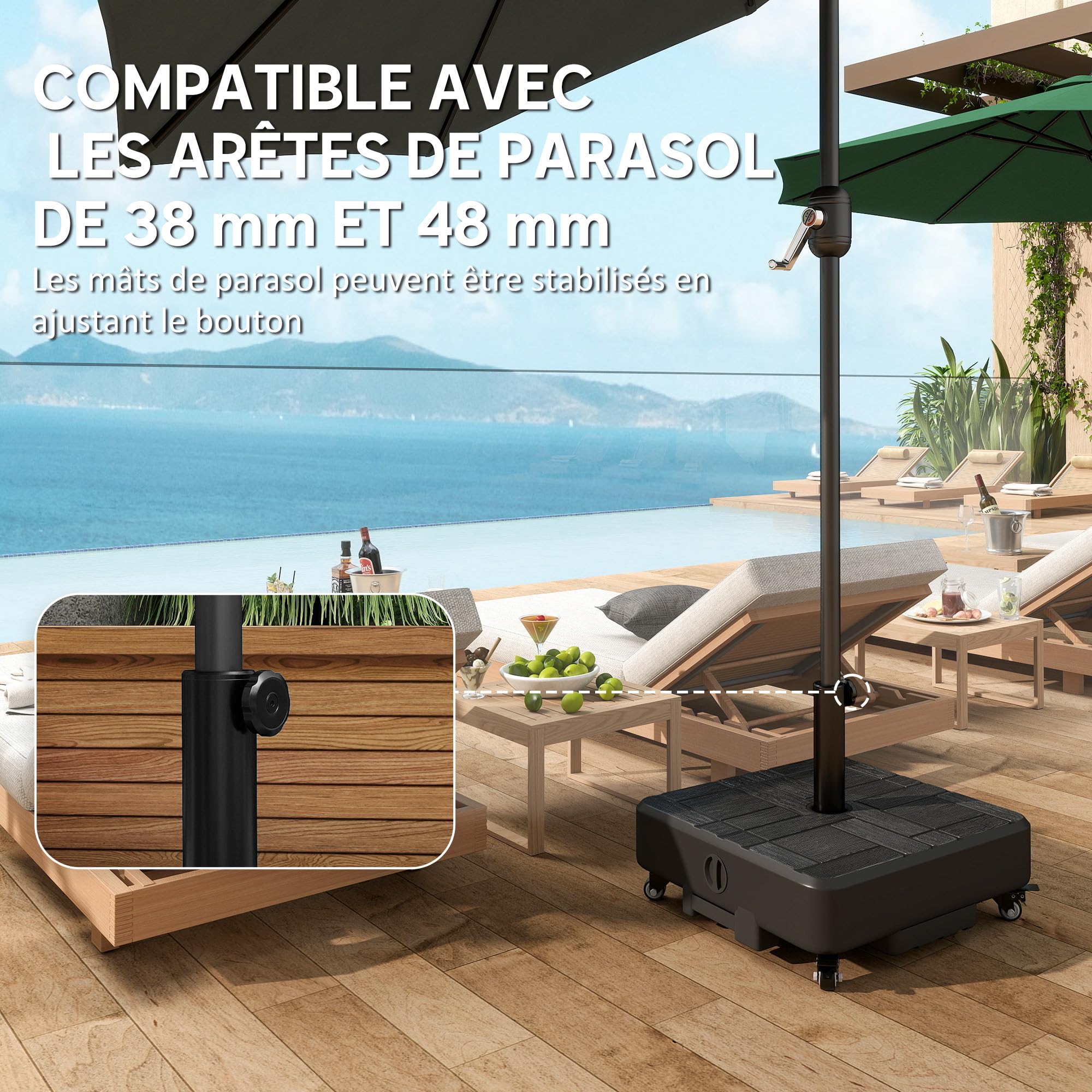 Outsunny Pied de Parasol Carré, Socle Parasol extérieur avec Roues Remplissable jusqu'à 35 kg avec Sable ou 28 L avec Eau, pour mât de Ø 38/48 mm, 48 x 48 x 38,5 cm, Noir