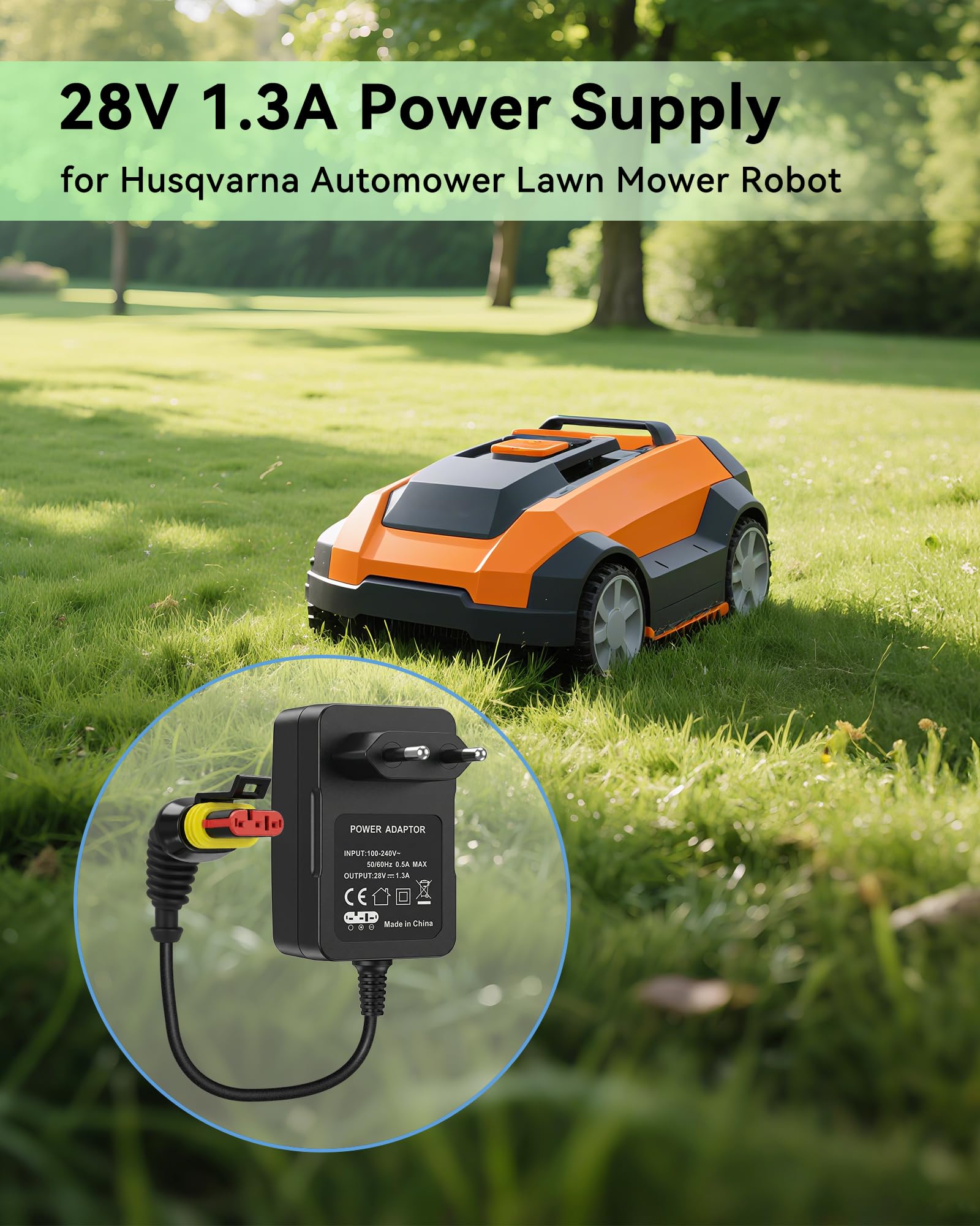 Cargador 28V 1,3A Compatible con Husqvarna Automower 105, 305, 310, 315, 315X, 405X, 415X, 310 Mark II, 315 Mark II, Gardena R50Li, R70Li, R80Li, Sileno City, Life, Minimo Robot Cortacésped