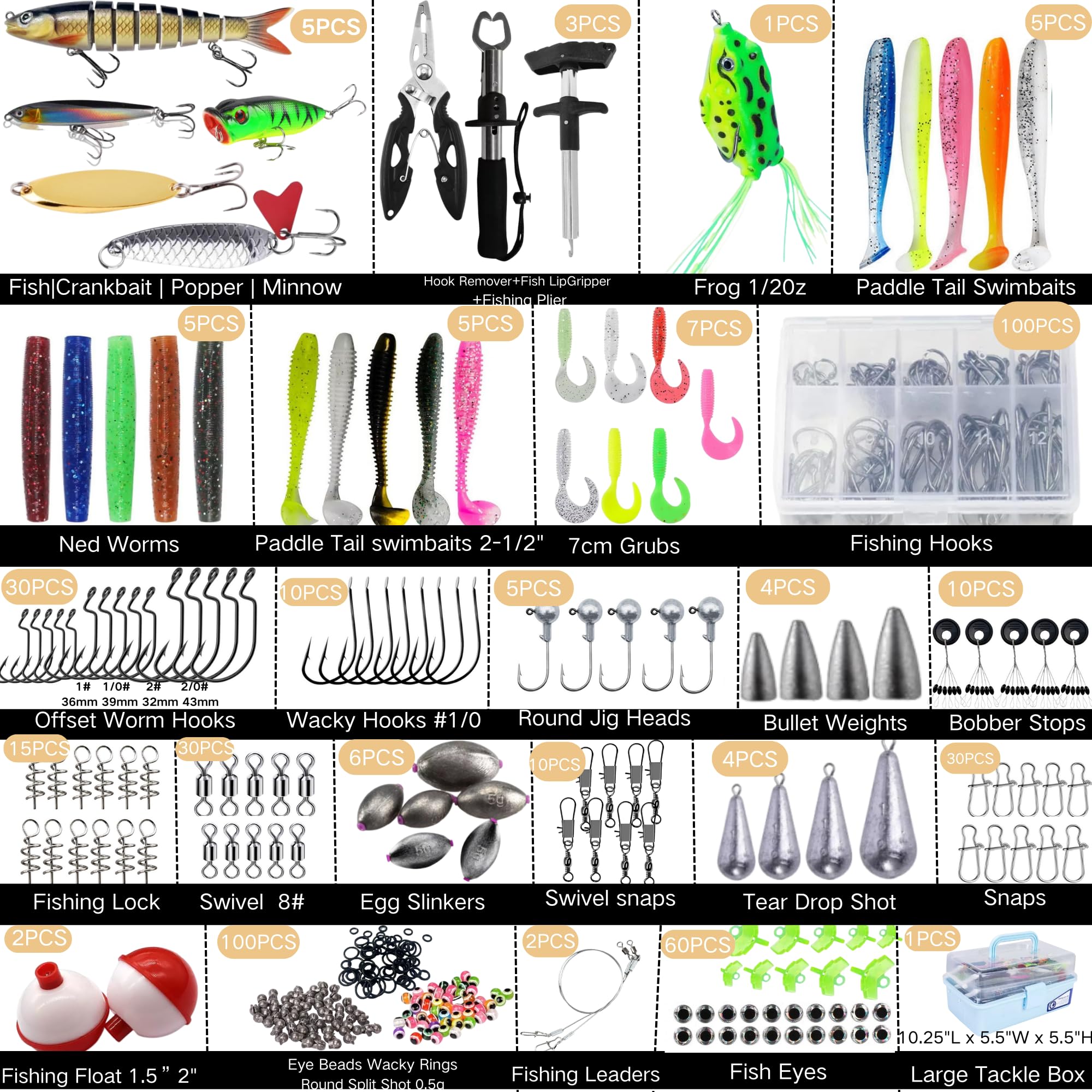 Caja grande de aparejos de pesca de 3 capas con aparejos incluidos, kit de 450 señuelos de pesca, contiene alicates, anzuelos, señuelos, pesos y accesorios, equipo de pesca de lubina de agua dulce