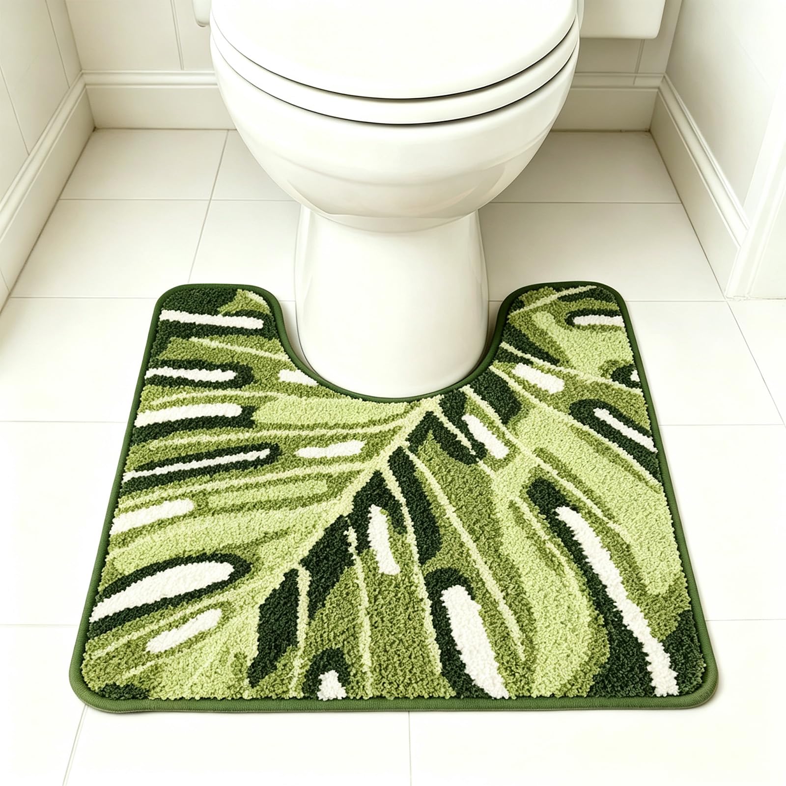 AVEKI Cute Tulip Flocked Bath Mat, Non-Slip Absorbent Soft Shower Rug with Wavy Edge, Extra Soft Plush Bathroom Rug, Decorative Floral Doormat for Bathroom Kitchen Bedroom 20x31in (U-Leaf A)