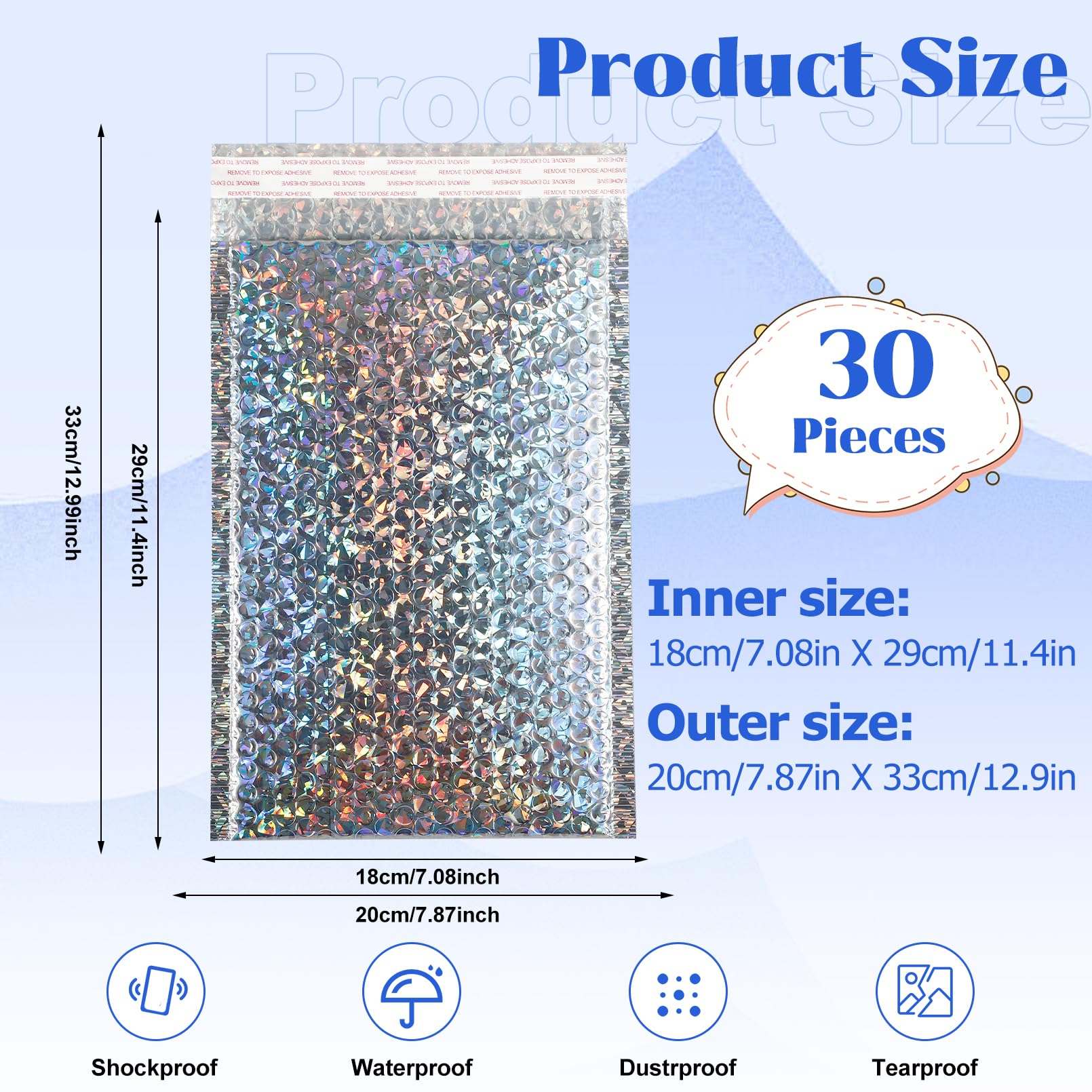 30 sobres holográficos de burbujas, sobres metálicos de burbujas de 11 x 7 pulgadas, sobres acolchados de polietileno, bolsas de envío impermeables, sobres acolchados gruesos autosellantes para