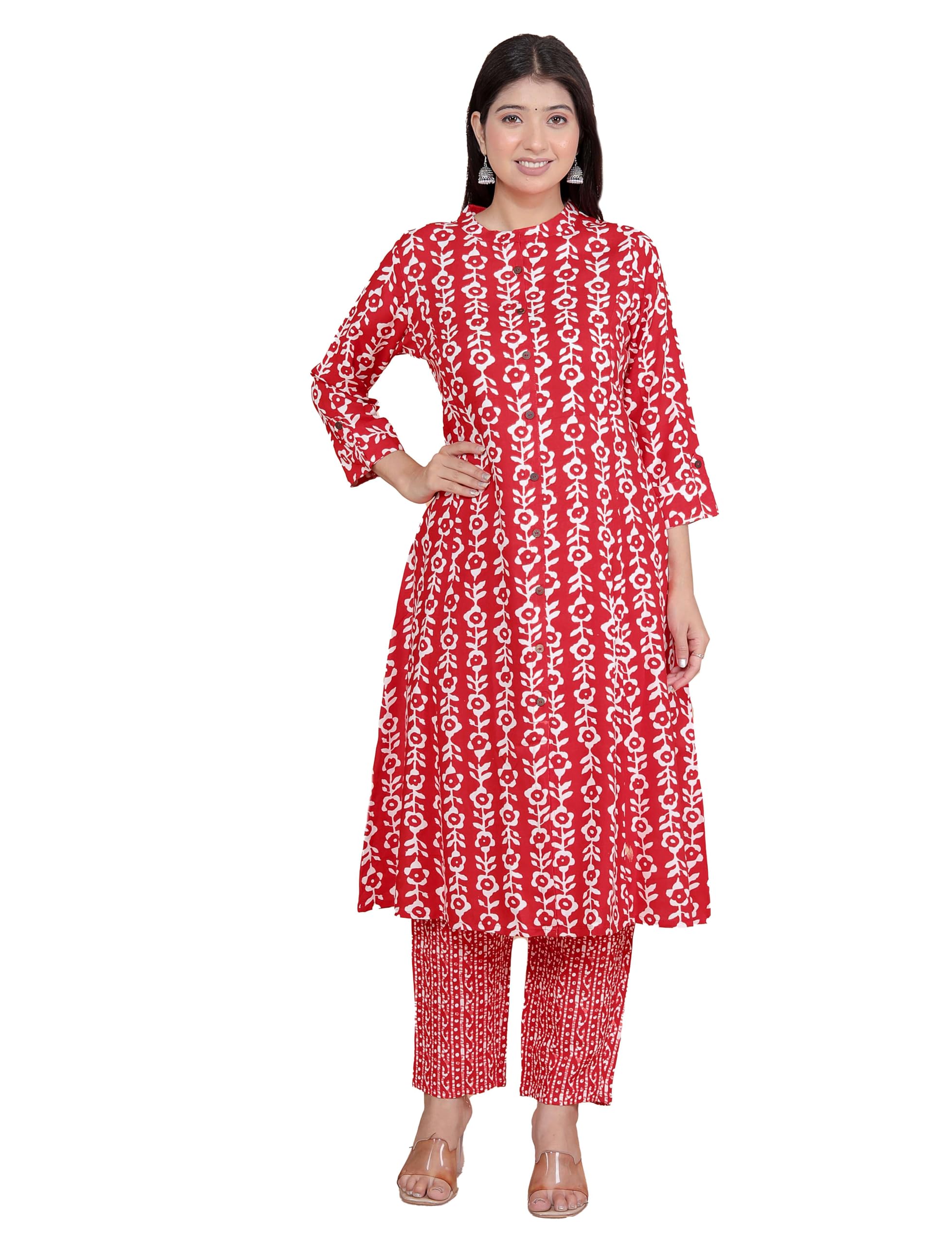 Women's Rayon Floral Printed Mandarin Collar A-Line Kurti with Trousers (Red)-image-18