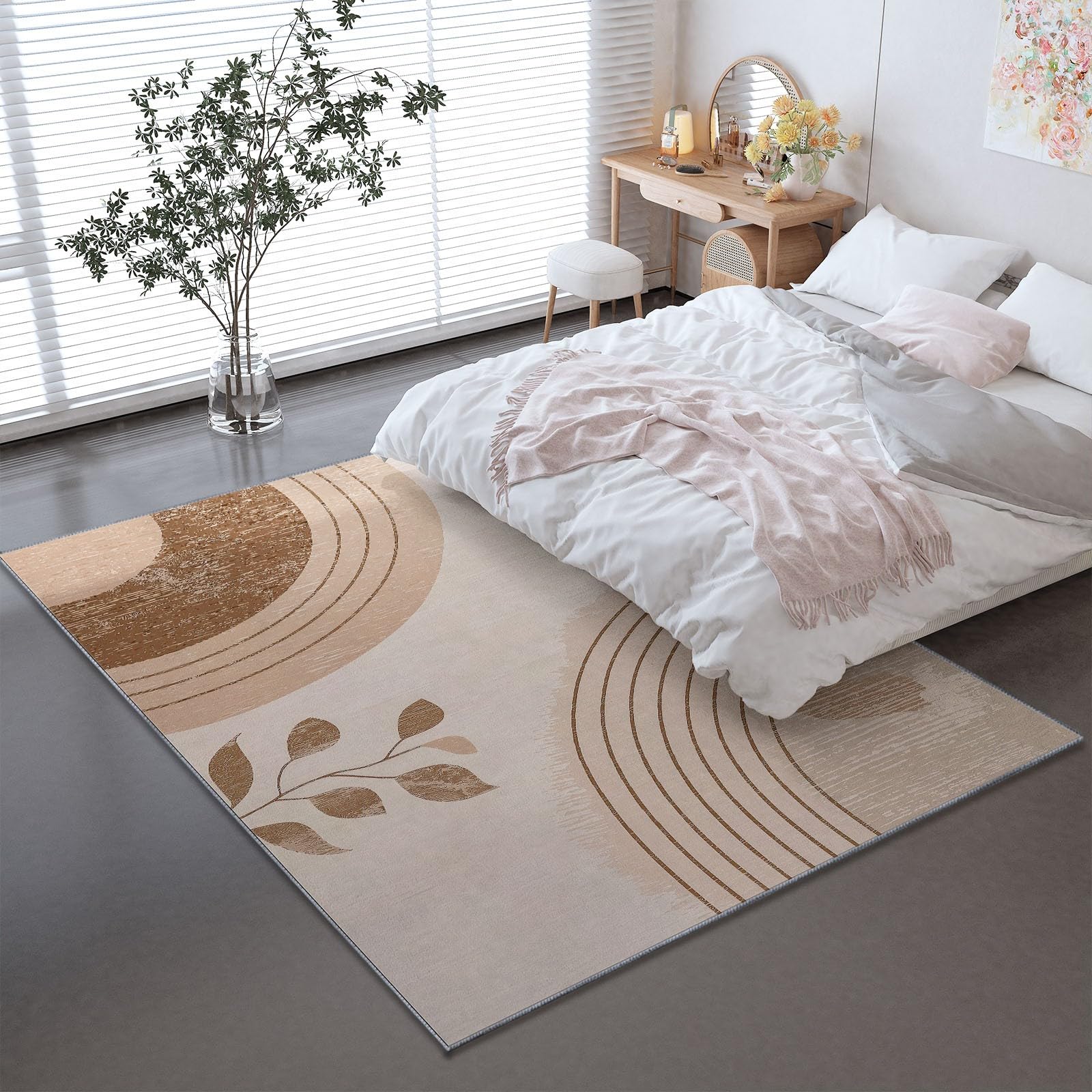 rutschfest Teppich Schlafzimmer 120 x 180 cm, Beige Bohemian Minimalist Linienkunst Pflanzen Waschbar Teppiche Wohnzimmer, Kurzflor Pflegeleicht & Weich Teppich für Flur & Küche