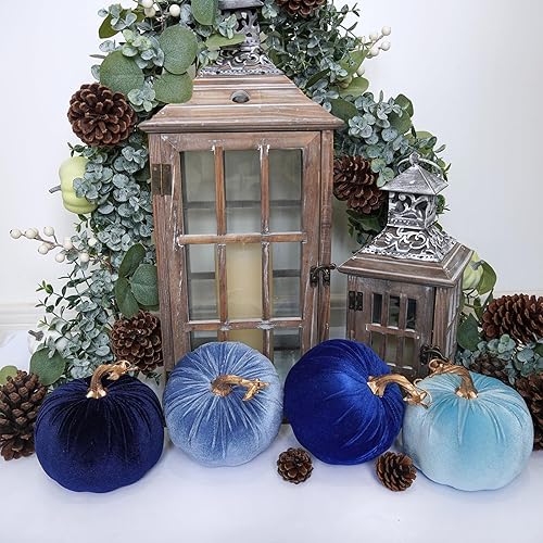 Vista 64 de Winlyn 4 calabazas de terciopelo de cosecha sintética surtidas, calabazas de tela decorativa, calabazas de espuma en naranja óxido y blanco de 5