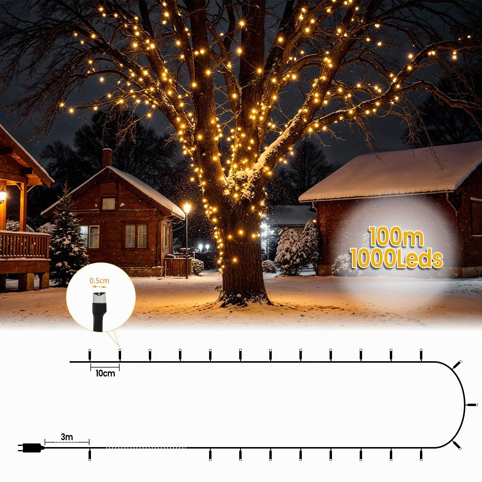 Guirlande Lumineuse Extérieure 100m 1000LEDs Guirlande Lumineuse Sapin Noel Étanche, 8 Modes + minuterie + mémoire pour Décoration de Jardin, Cour, Maison, Noël, Mariage, blanc chaud