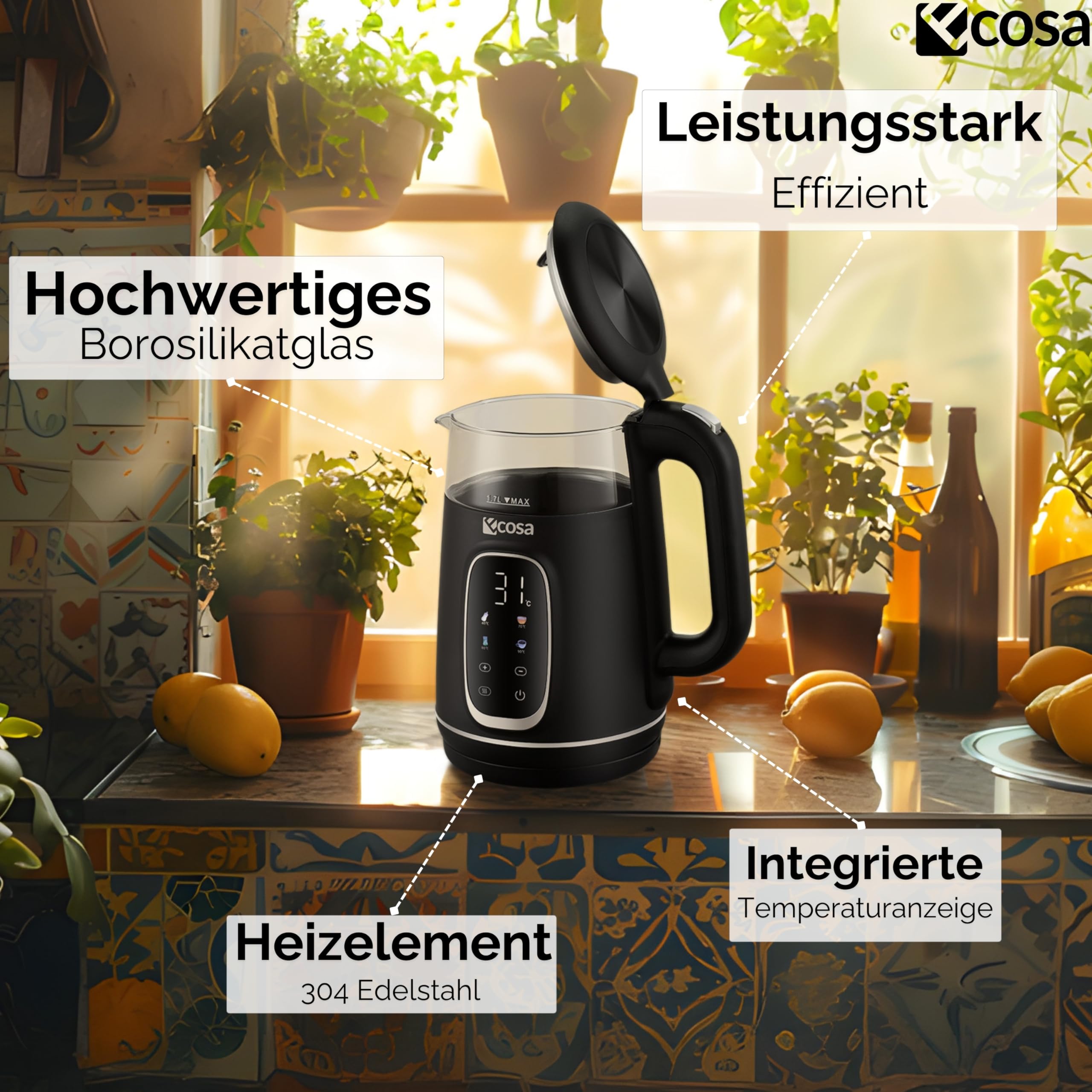 Ecosa® Wasserkocher mit Temperatureinstellung Glas Edelstahl - Teekocher - 1,7 Liter 2.200 Watt - BPA Frei mit Temperaturwahl 40°C-100°C - Warmhaltefunktion LED Beleuchtung (Black Pearl)