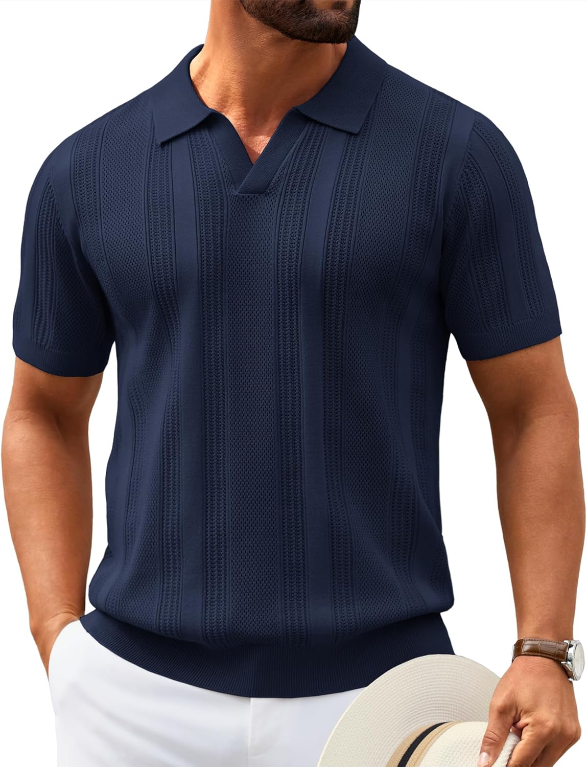 COOFANDY Mens Knit Polo Shirts V Neck Textured Polo Shirts Short Sleeve Breathable Polo Casual Collared T Shirt Fashion Tops