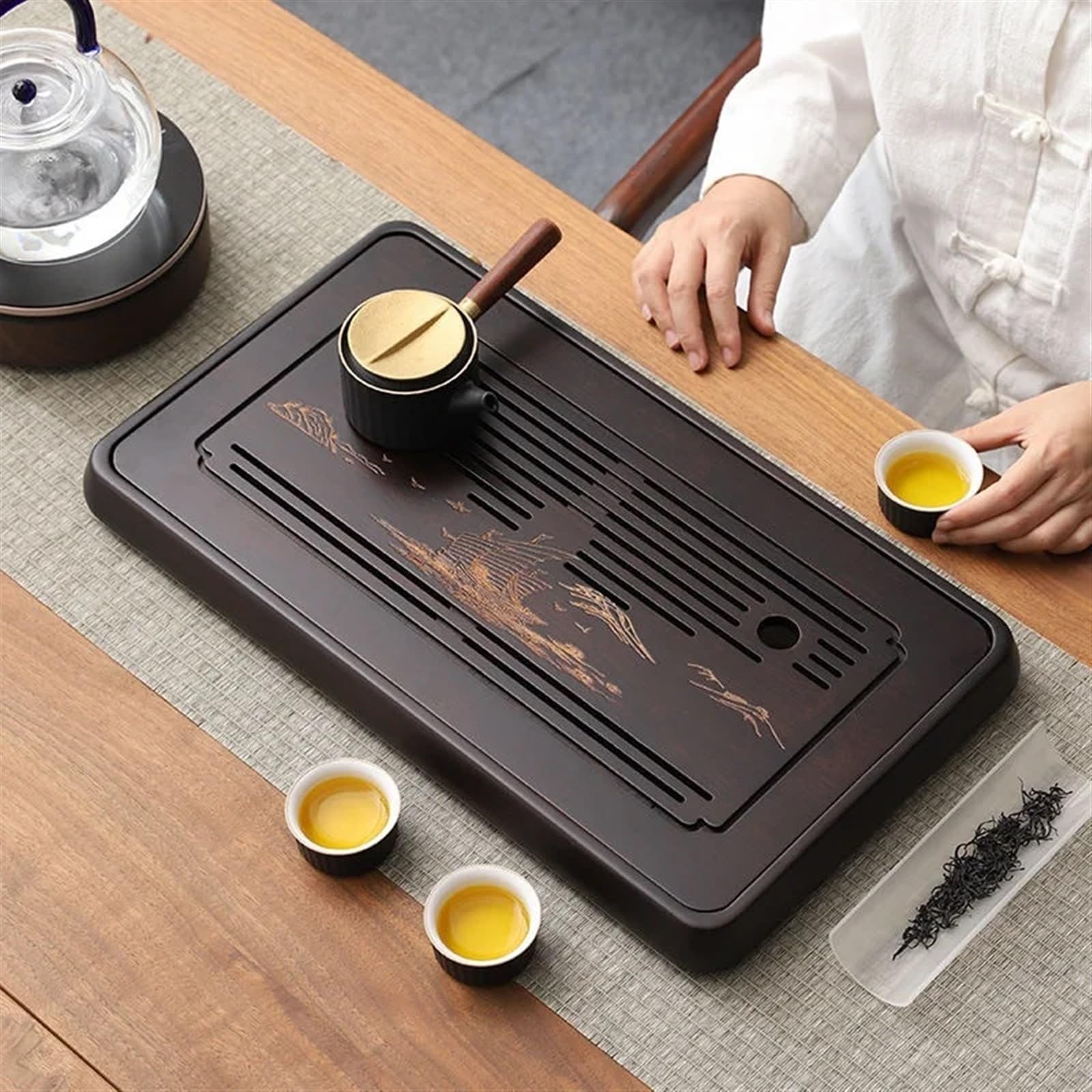Bandeja Bandeja de té de Madera for Ceremonia del té, Bandeja de Mesa de té, decoración de Mesa de té, Bandeja de Almacenamiento, Juego de té y café(38x24x4cm)