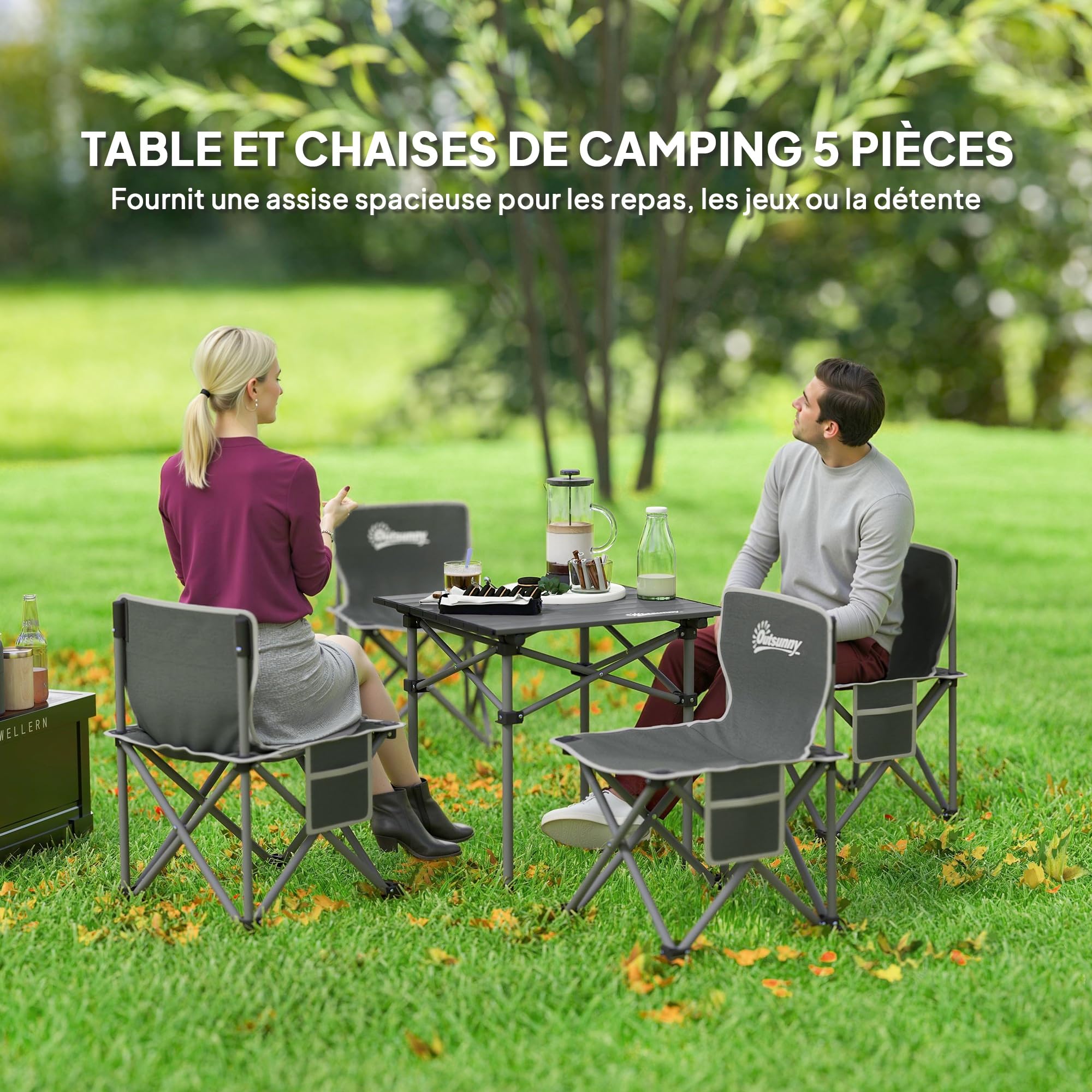 Outsunny Table de Camping avec 4 chaises Pliantes, Ensemble Table et Chaise de Camping 5 pièces avec Poches latérales et Sacs de Transport, 55 x 51 x 50 cm, Gris foncé