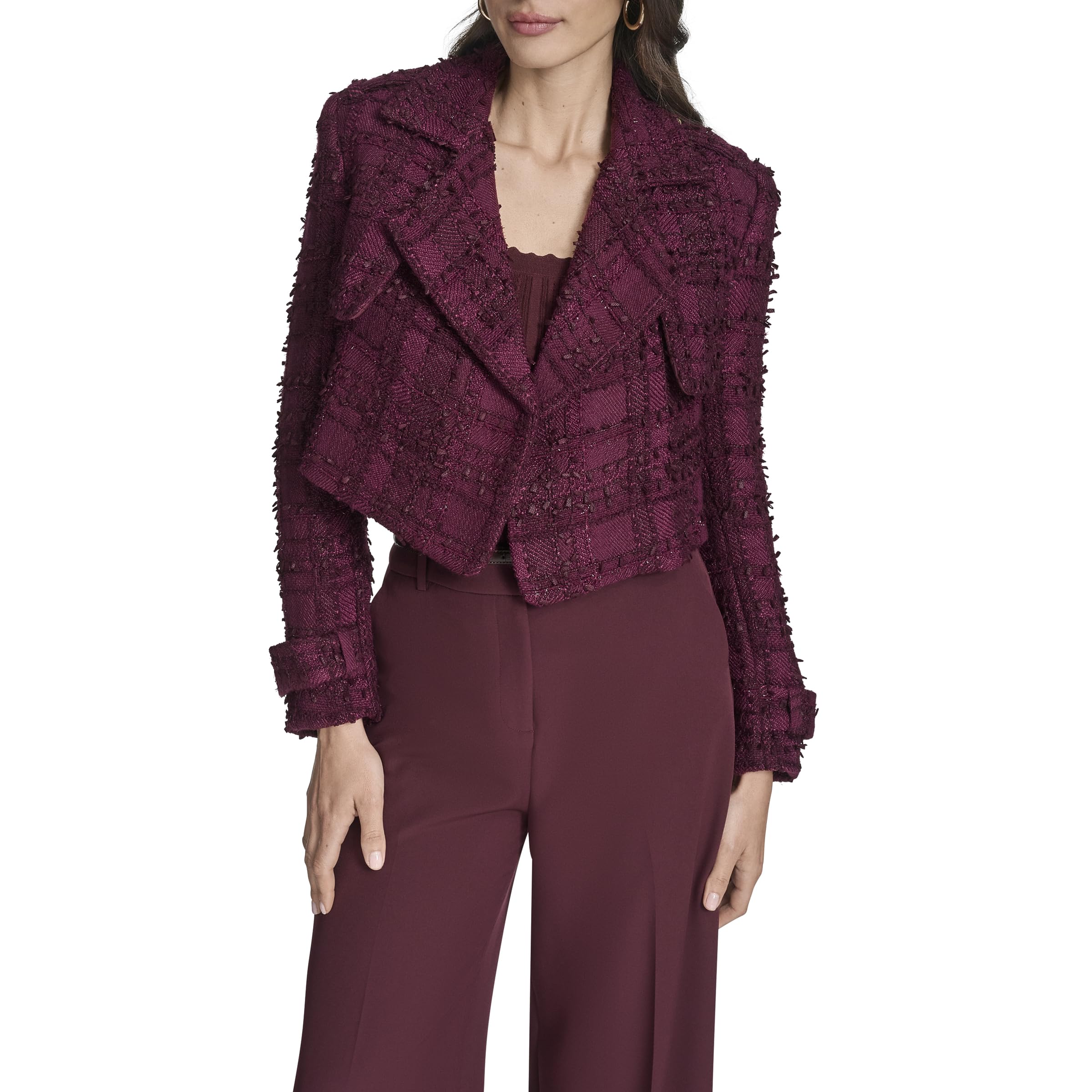 BCBG womens Long Sleeve Collared Textured Novelty Tweed Cropped Jacket
