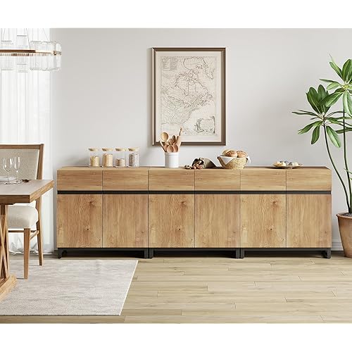 WAMPAT 3 in 1 Multifunctional Sideboard Buffet Cabinets, Modern Sideboard with Adjustable Shelf and Metal Base, Coffee Bar Cabinet Storage Cabinet for Living Room, Kitchen,Oak