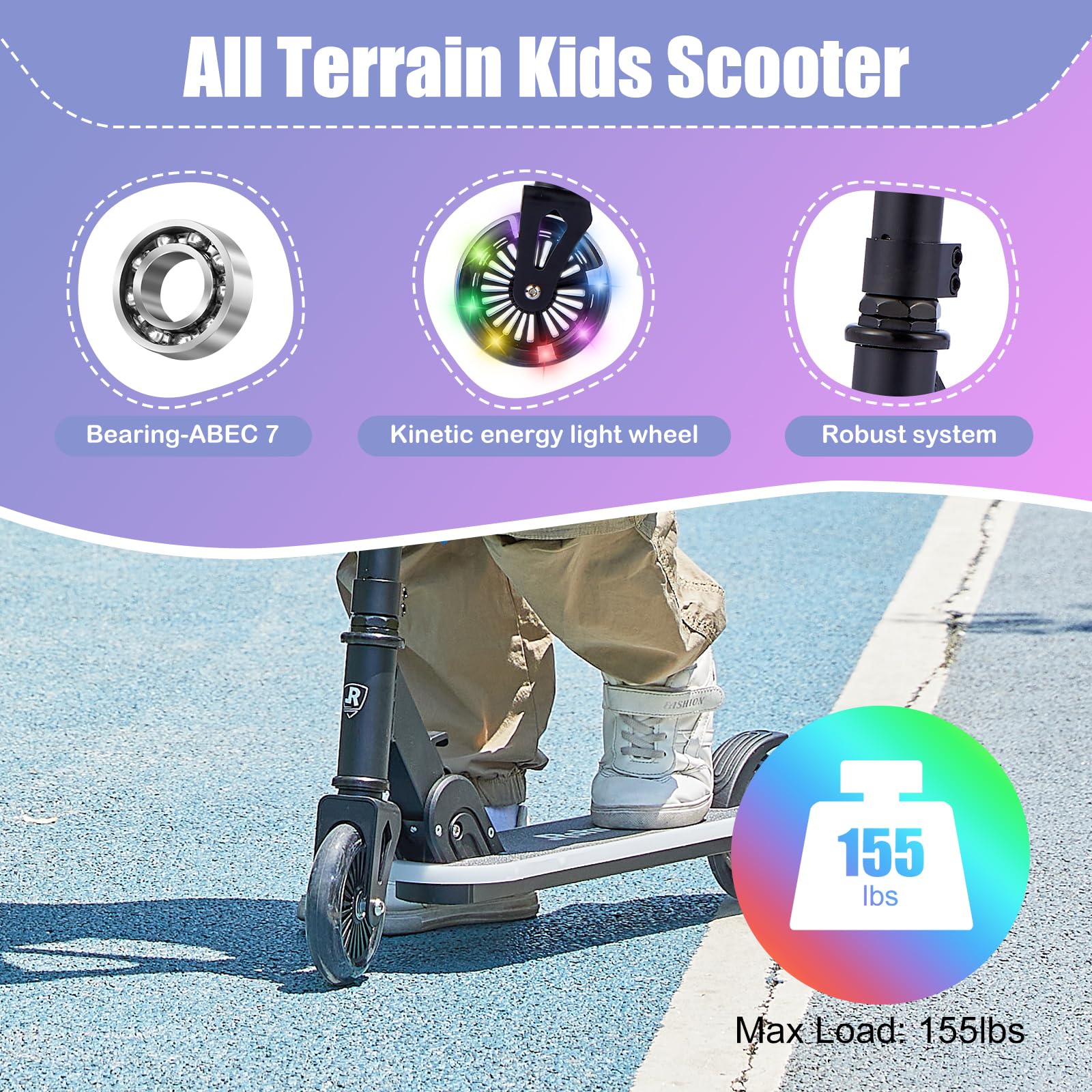 Patinete para edades de 5 a 12 años, niños, adolescentes. Carga máxima de 155 libras. Plegable, ligero, con ruedas iluminadas y cubierta de luz dinámica, adolescentes y adultos, 3 niveles 6