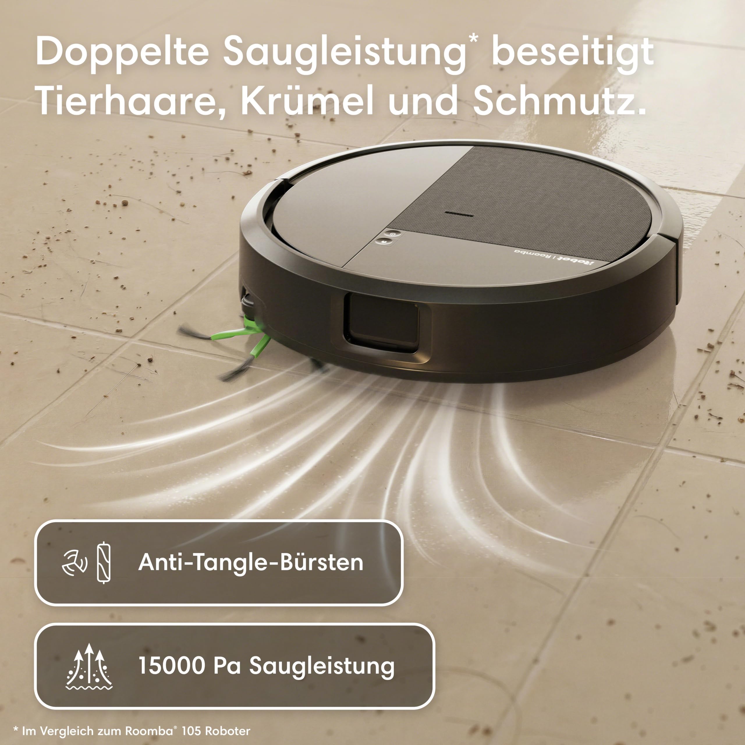 iRobot Roomba® 115 Combo Saug- und Wischroboter, 15k Pa Saugleistung, Bürsten und Wischpad reichen, Navigation mit Clearview™ LiDAR, Schwarz
