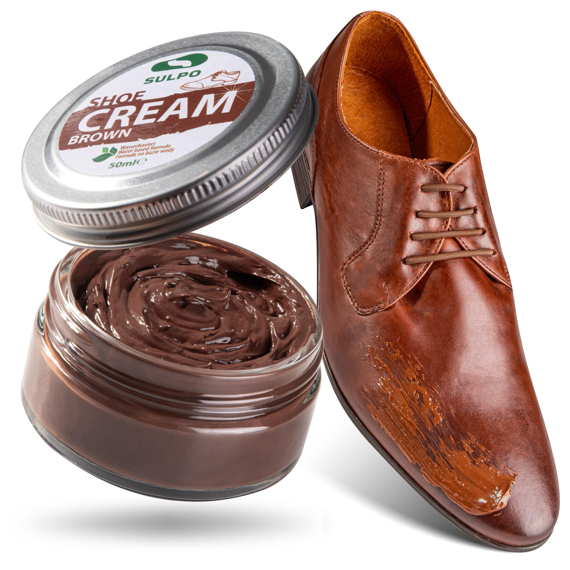 SULPO Schuhcreme Braun - Shoe Cream - Schuhputzcreme - Ledercreme Lederbalsam Glattleder - Wasserbassiert - Farbe auffrischen - Lederpflege - Echt und Kunstleder - 50ml