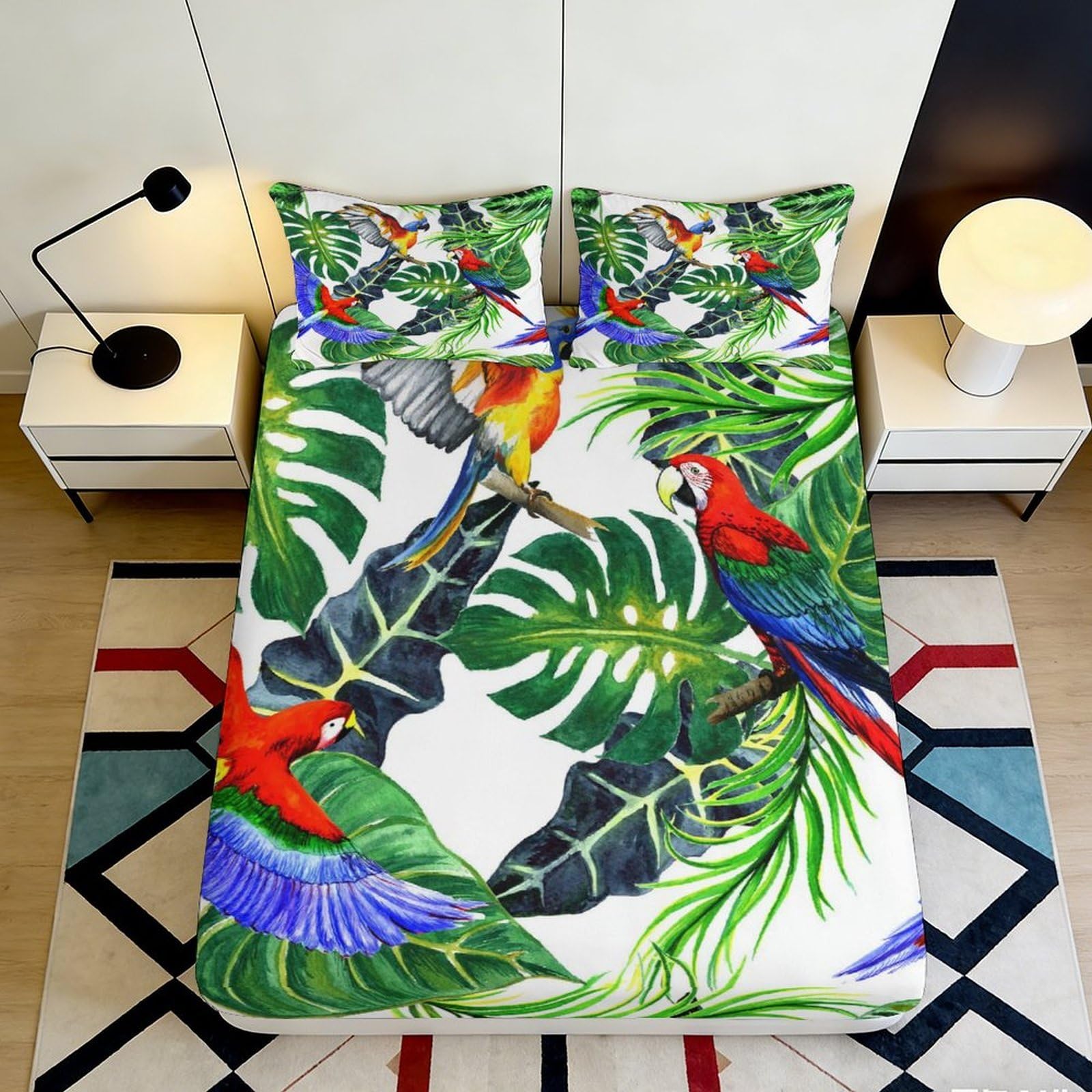 3D Printed Tropical Parrots Fitted Sheet Microfiber Soft Breathable Exotic Birds Bed Cover for Bedroom Dormitory Guest Room Mattress Protection Decor 200x200x25cm