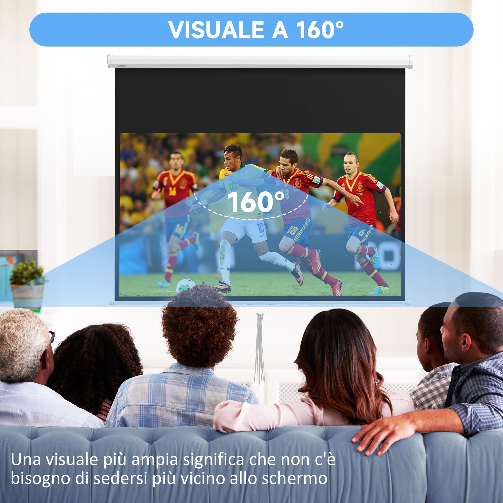 HOMCOM Telo Proiettore da 80 Pollici 4K HD Formato 16:9, Altezza Regolabile Manuale, Schermo Proiettore, Grandangolo di 160 Gradi, Telo Videoproiettore per Casa, Home, Cinema, Ufficio, Esterno, Bianco