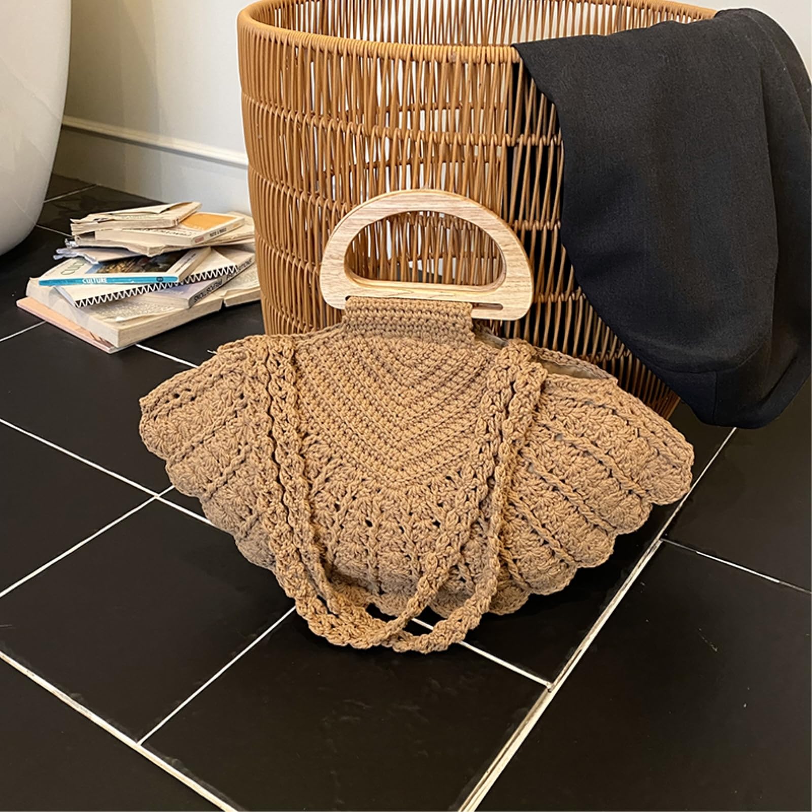 Strohtasche Damen Retro-Stil-Fan-geformte Gehäkelte Unterarmtasche, Vielseitige Schultertasche Mit Holzgriff-Khaki
