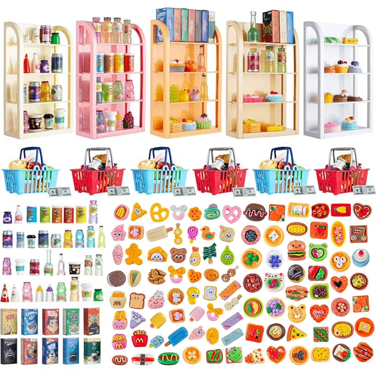 164pcs Miniature Supermarket Shelves Furniture Model 4 Layers Shelf Display Rack Doll House Accessory Storage Bookshelf Accessories Mini Locker Decor Food Drink Bottle Toy Cosplay Game Party