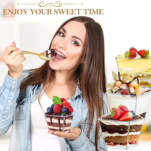 Miniatura 2 de Dingion Juego de 400 tazas de postre de plástico de 4 onzas con cuchara, 200 tazas cuadradas de mousses y 200 cucharas de degustación con purpurina