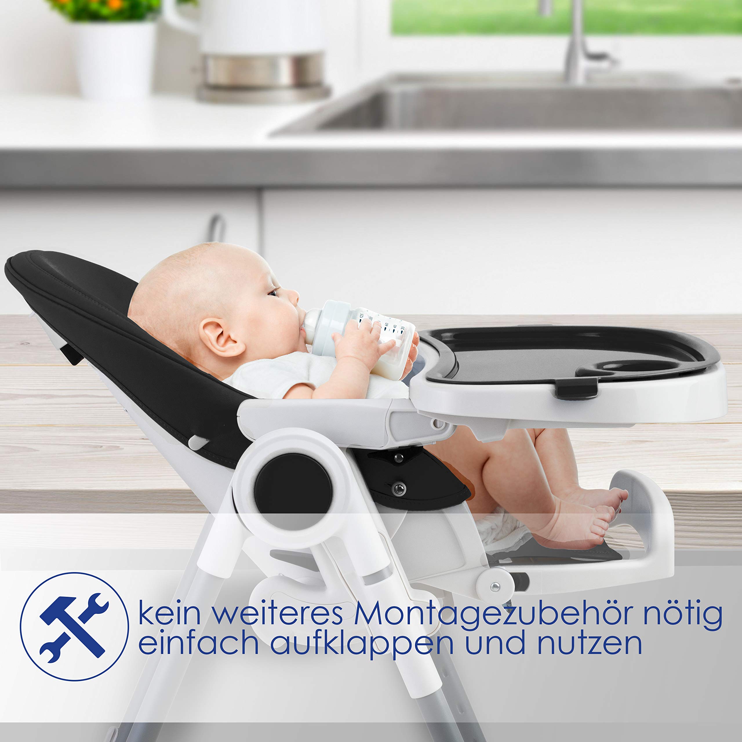 KIDIZ® 3 in 1 Seggiolone Seggiolone per bambini con barra dei giochi, Lettino per bambini, Seggiolone combinato Seggiolone per bambini, Schienale regolabile in 7 diverse altezze, nero