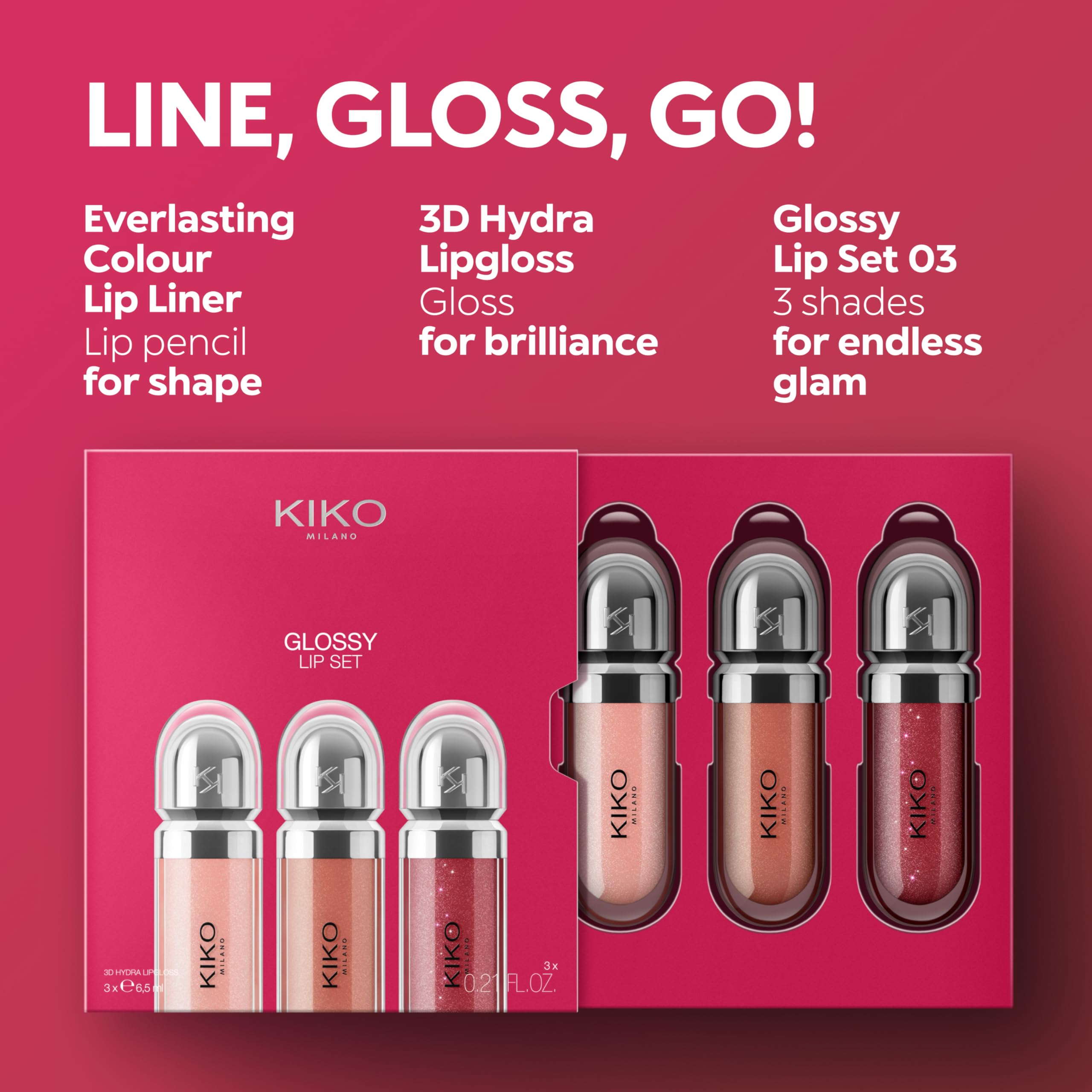 KIKO Milano Glossy Lip Set 03, Zestaw Do Ust: 3 Nawilżające Błyszczyki Do Ust Z Efektem Objętości 3D