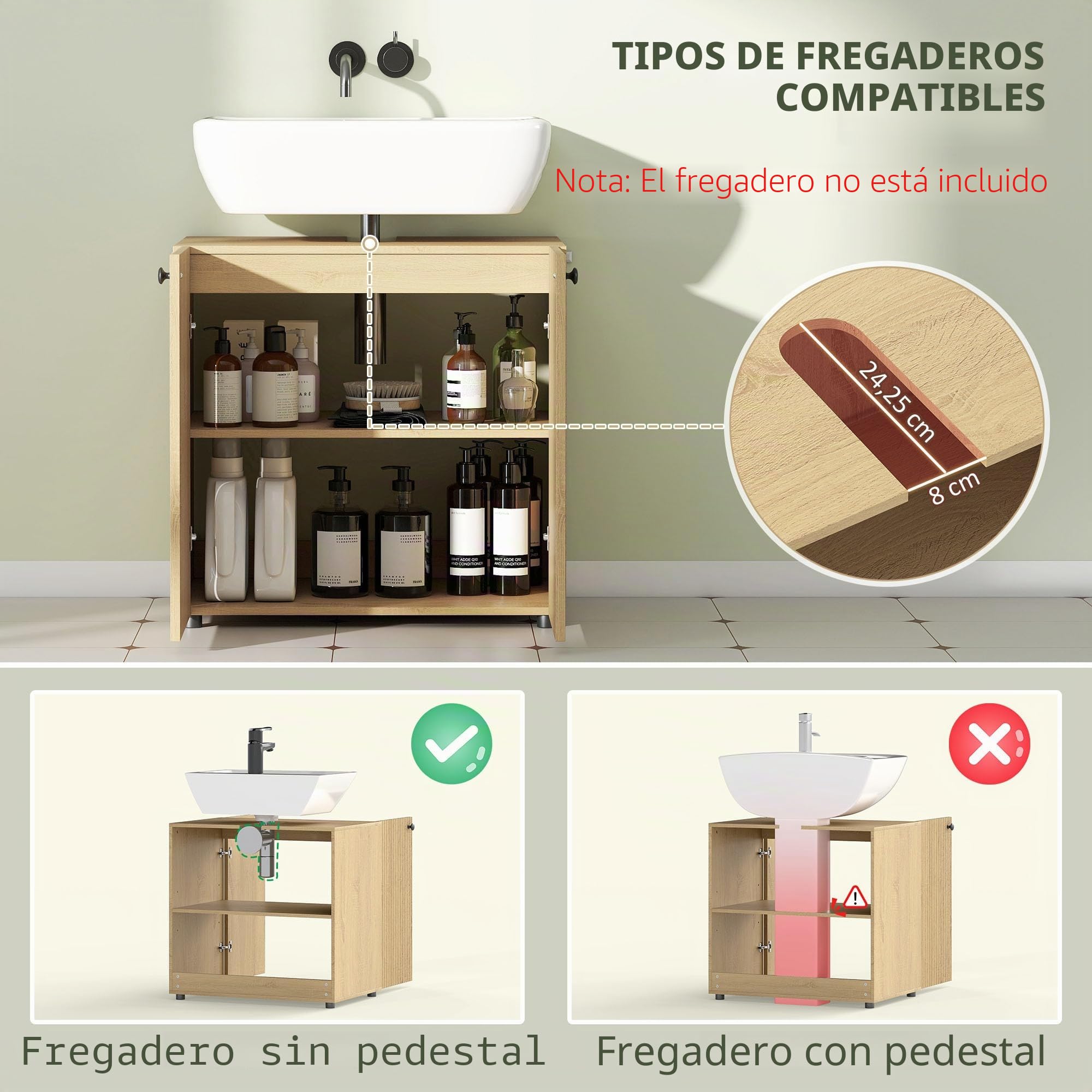HOMCOM Mueble bajo Lavabo 2 Puertas 60x39,8x58,5cm Efecto Madera Natural | Cierre suave, estante ajustable, armario bajo lavabo para baño