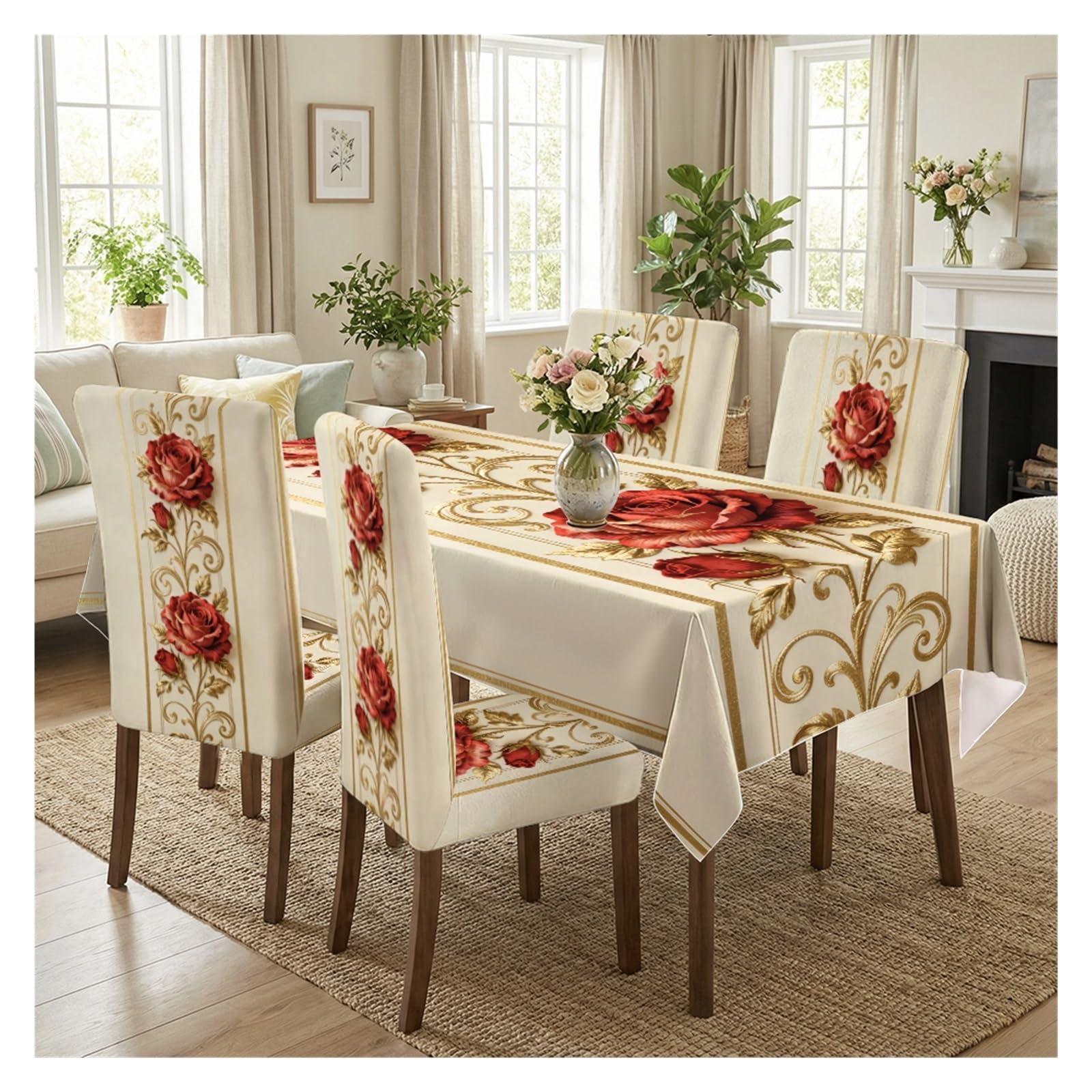 BOSUYBN Stretch Dining Chair Slipcovers And Tablecloth Set, Red Rose Gold Scroll Print, 5/7 Pack For Dining Room Luxury Home Decor Table Setting(5pcs Set: Tablecloth+Chair Covers)