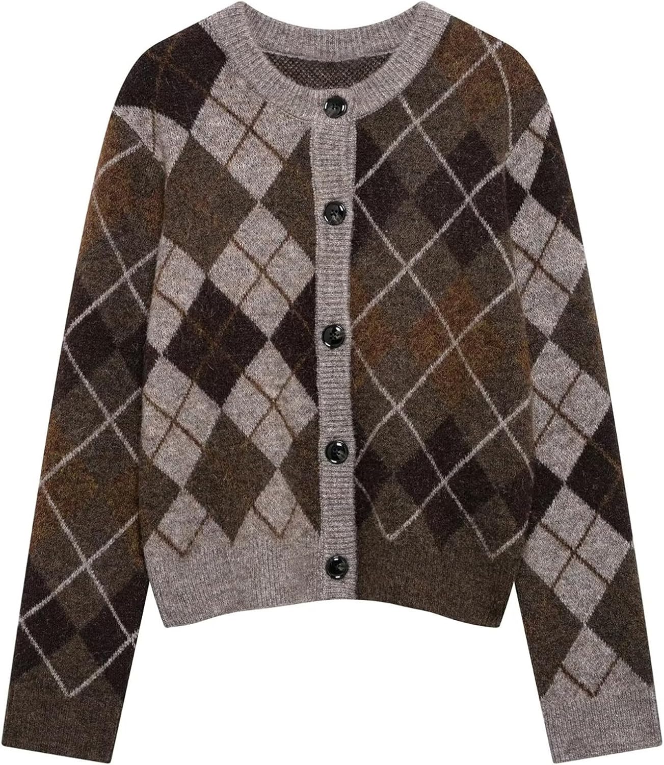 Women 2025 Fall Cropped Cardigan Sweater Long Sleeve Plaid Chunky Knit Cardigan Button Down Winter Fashion Clothes Brown Medium