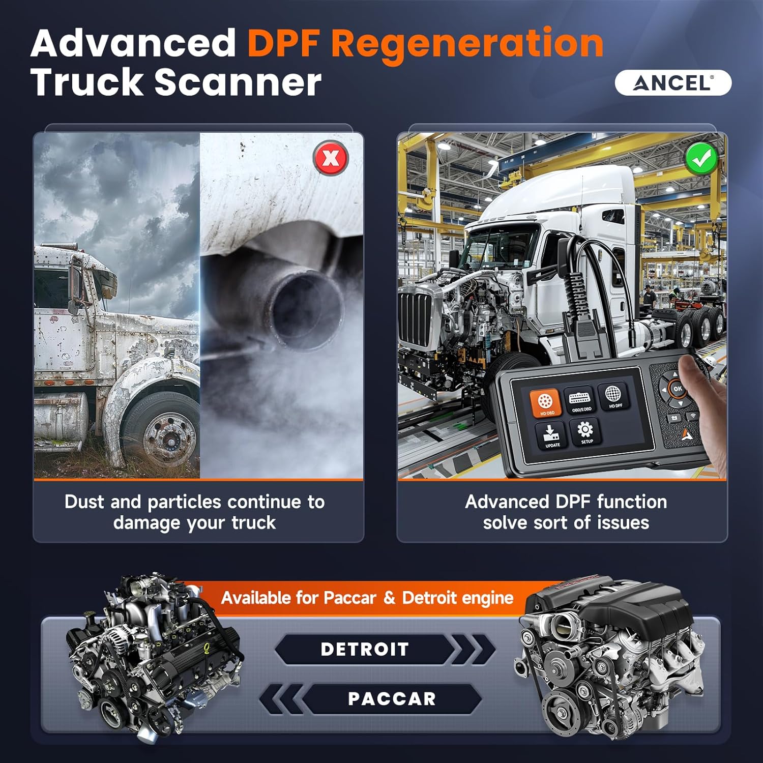 Image showing a dirty exhaust pipe on the left and a clean truck with the ANCEL HD431 scanner on the right, illustrating DPF regeneration benefits.
