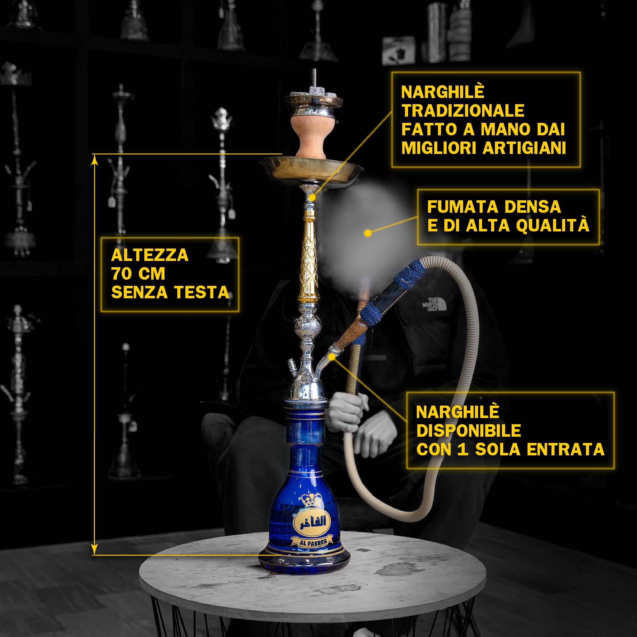 Cachimba Tradicional Al Fakhir 70 cm | Shisha de Latón Dorado con Manguera de Cuero, Cazoleta de Terracota, Gestor de Calor, Pinza y Porta Carbón Dorado