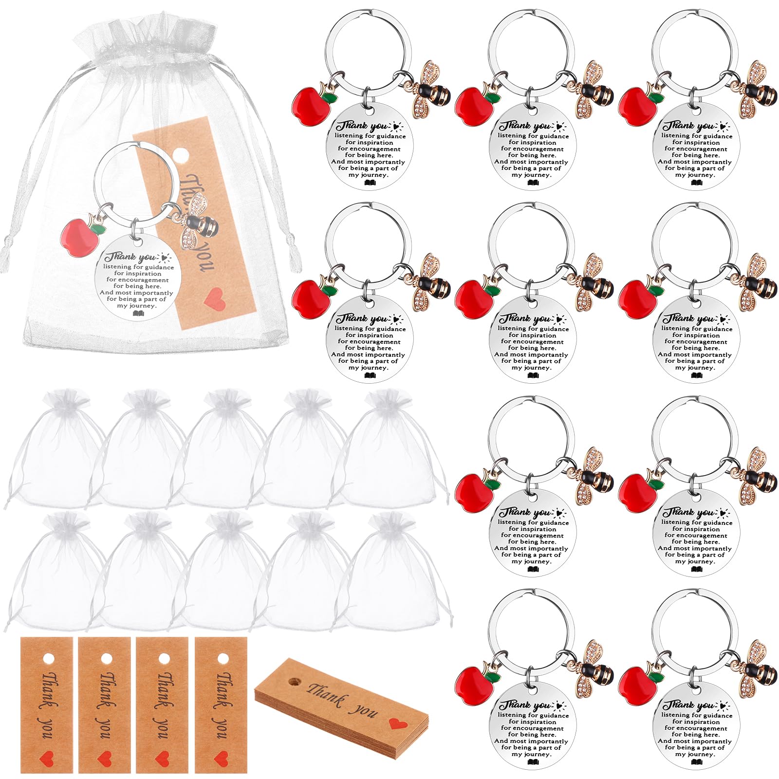 BANBAN 30 Pcs Teacher Appreciation Keychain Gifts Thank You Teacher Keyring with Thank You Cards Organza Bags for Teacher Gifts Teachers Day Keychain Teacher Christmas Birthday Gifts