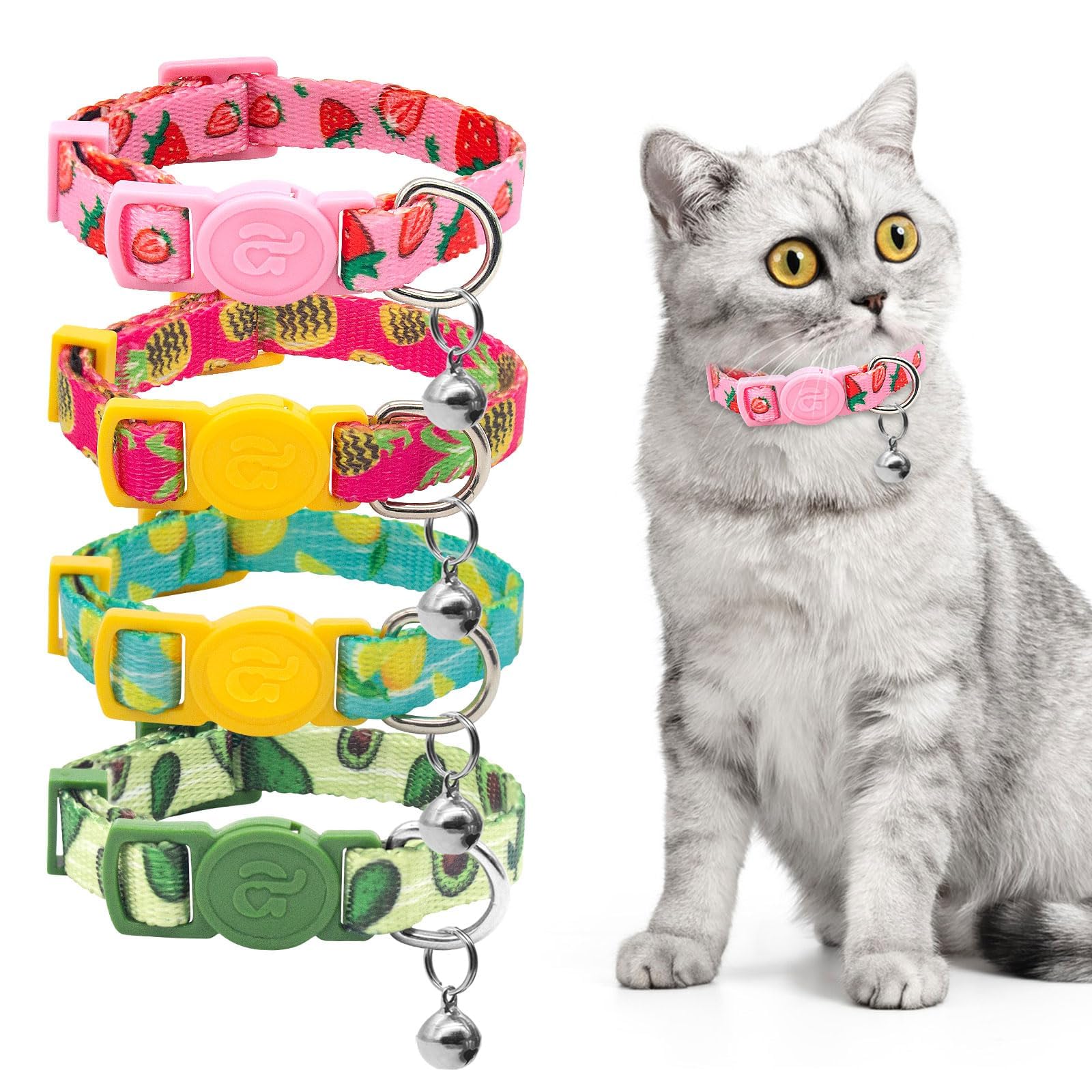 Collar De Seguridad Para Gato Con Estampado De Frutas - Ajustable, Con Campanita, De Nylon