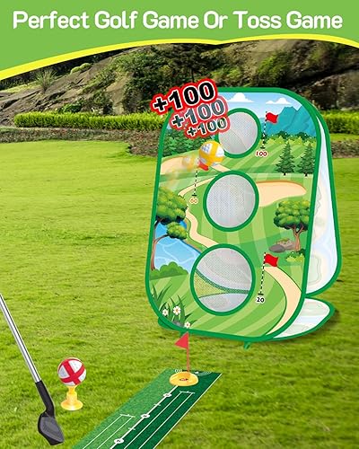 Miniatura 6 de Juego de golf adhesivo para niños de 4 en 1 con palo, tapete de práctica de golf, red de astillado de golf de 3 lados, múltiples modos de juego,