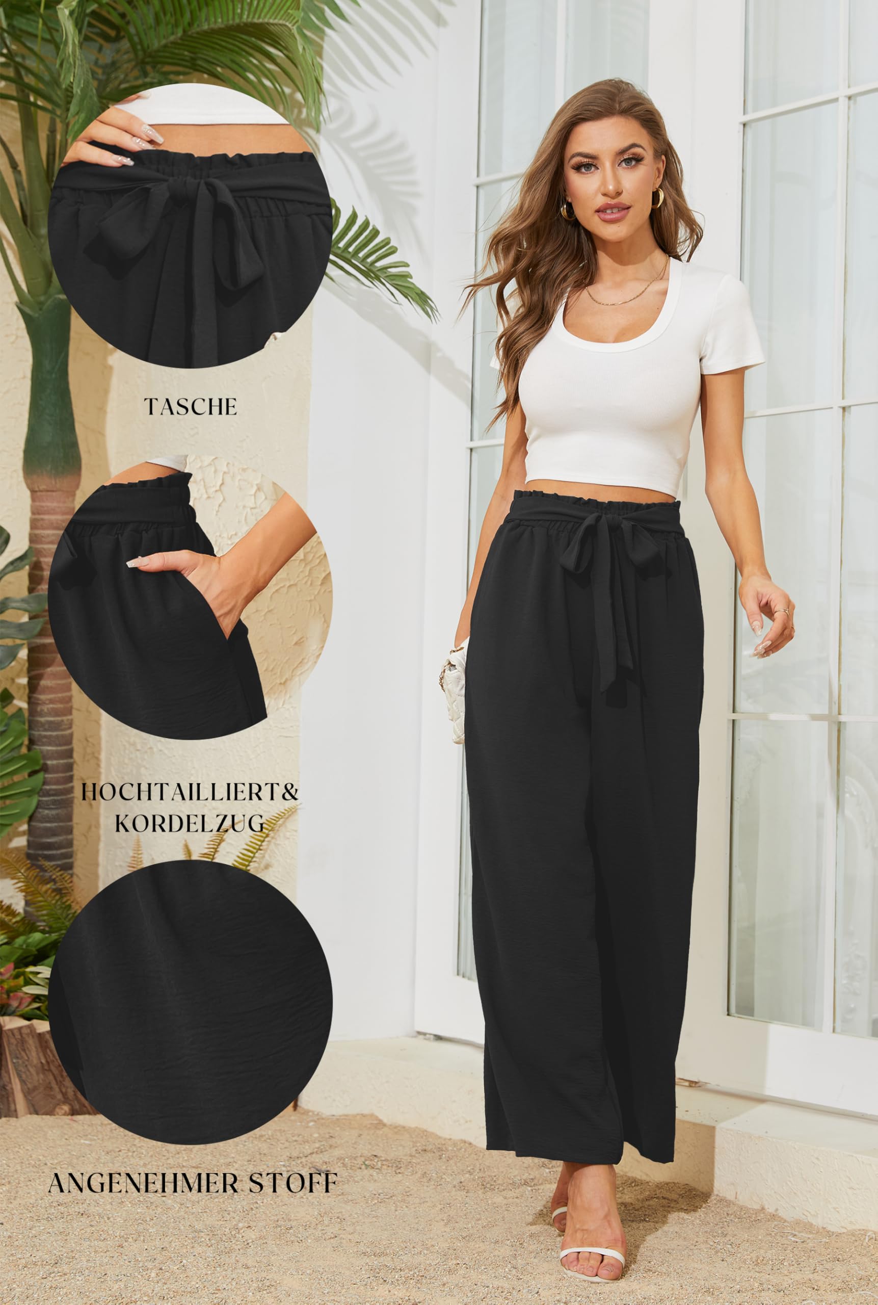 Actcat Damen Hose mit weitem Bein Leicht und Elegant Elastischer Bund Sommerhose mit Taschen für Legere Arbeit Geeignet