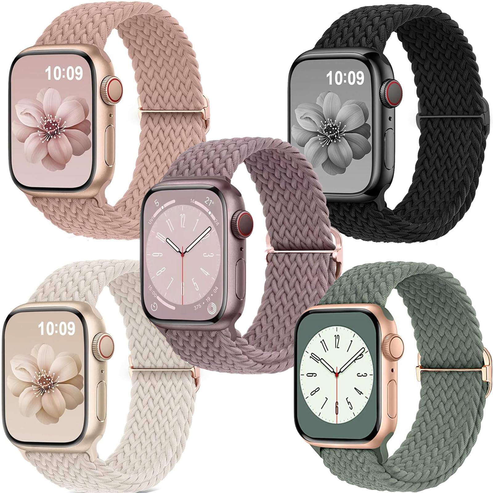 URCHUZE 5 Pack Braided Solo Loop Compatible with Apple Watch Straps 40mm 38mm 41mm for Women Men Adjustable Nylon Stretchy Elastic Sport Replacement Band for iWatch SE Series 9 8 7 6 5 4 3 2 1 Ultra