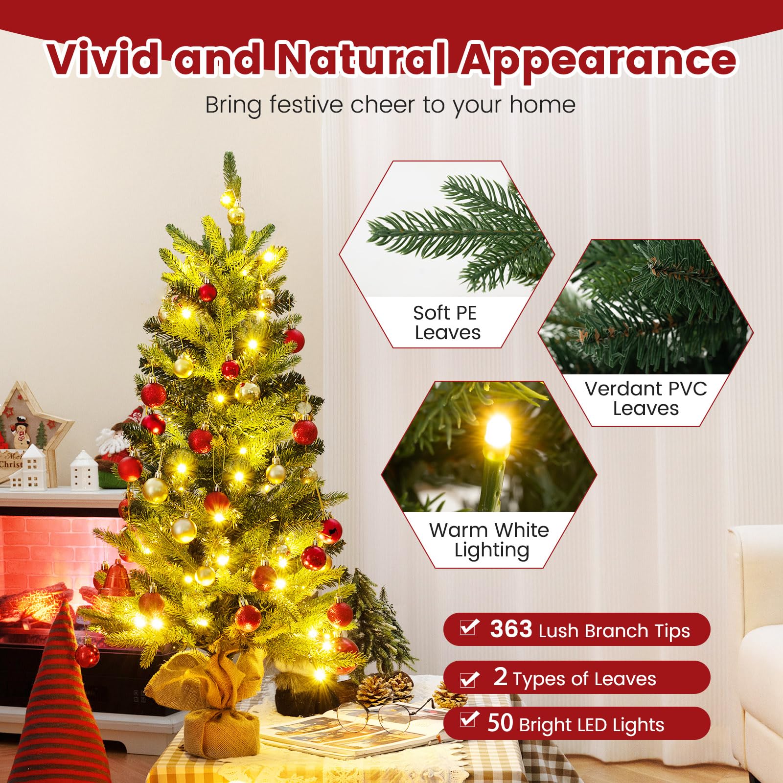 FANTASK Mini Sapin de Noël avec éclairage, Petit Sapin de Noël Artificiel, Sapin de Noël avec 50 lumières LED Blanches Chaudes et minuterie, Sapin de Table pour décoration de Noël, 90 cm