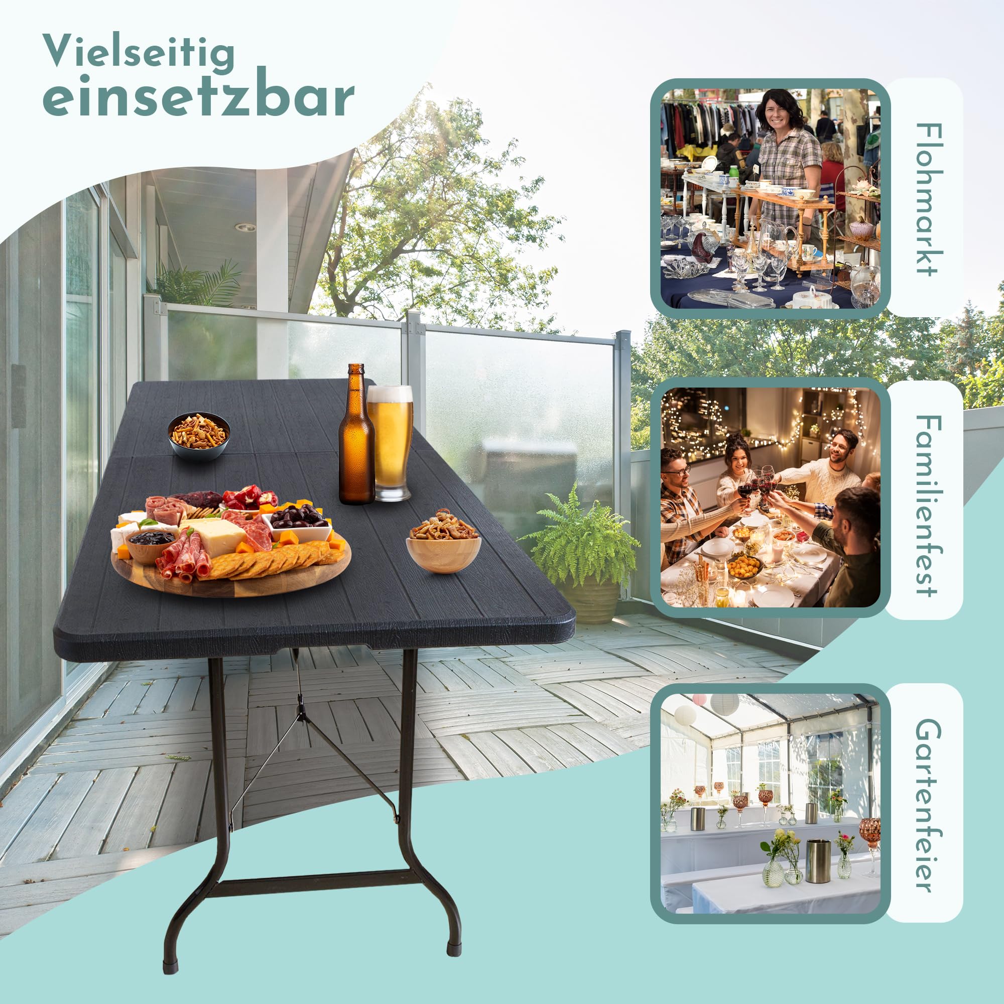 Lemodo Klapptisch 180 x 75 cm – klappbarer Gartentisch & Buffettisch bis 150 kg, Stabiler Partytisch in wetterfester Holzoptik schwarz, als Koffertisch mit Tragegriff platzsparend verstaubar