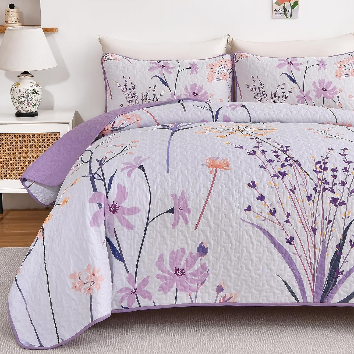 Dobuyly Floral Quilt Queen Size, Purple Botanical Queen Quilt Bedding Set 3 Pieces Soft Lightweight Microfiber Bedspread Coverlet Set for All Season, 96"x90" - Image 4