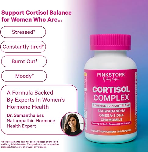 Miniatura 3 de Pink Stork Suplementos de cortisol para mujeres, apoyo suprarrenal + administrador del estrés con Ashwagandha orgánica, Omega 3, azafrán,
