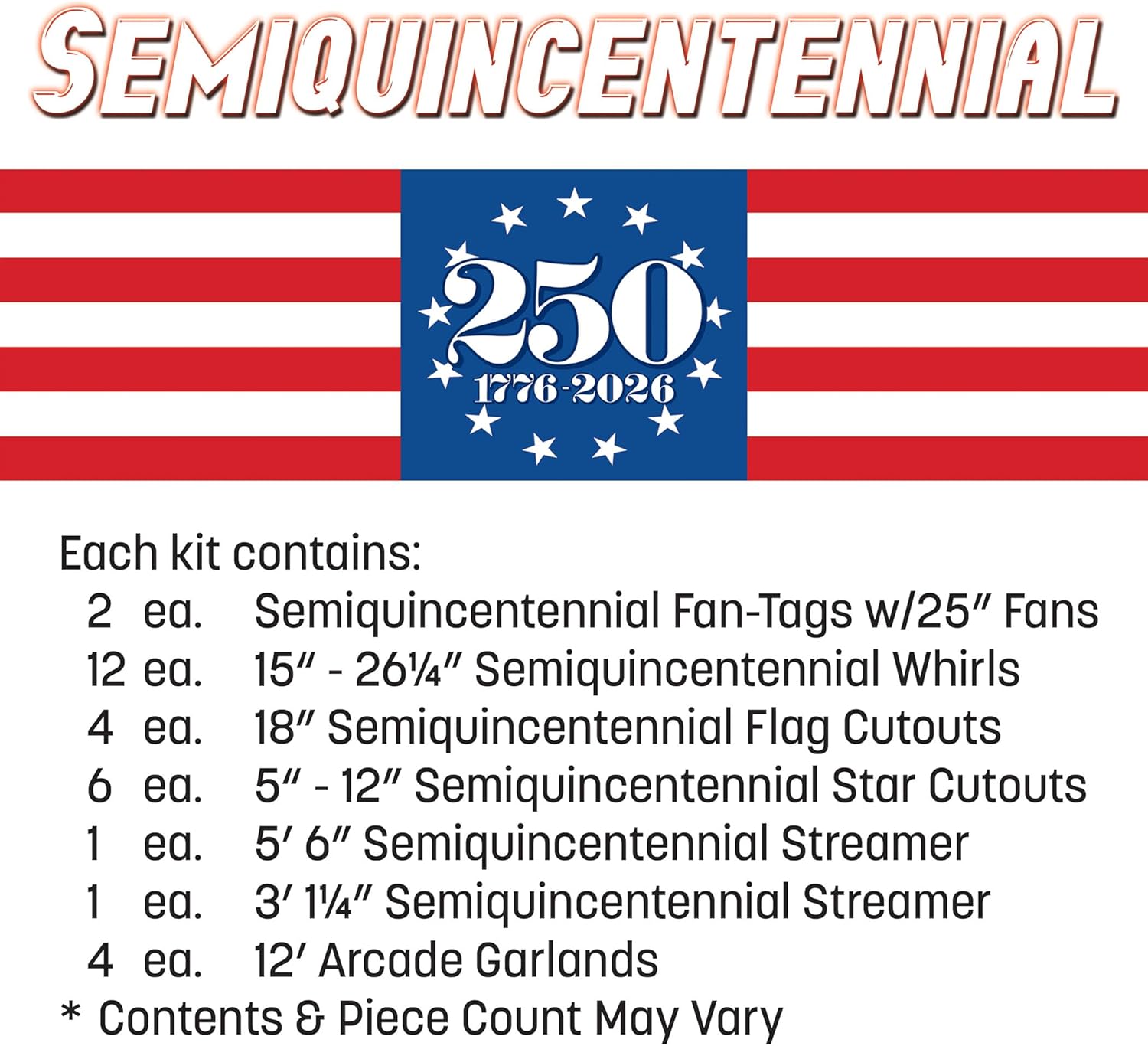 Beistle Semiquincentennial Decorating Kit – 30 Pieces, Patriotic 1776–2026 USA 250th Anniversary Party Set with Fans, Whirls, Flag & Star Cutouts, Streamers and Garlands for National Celebrations