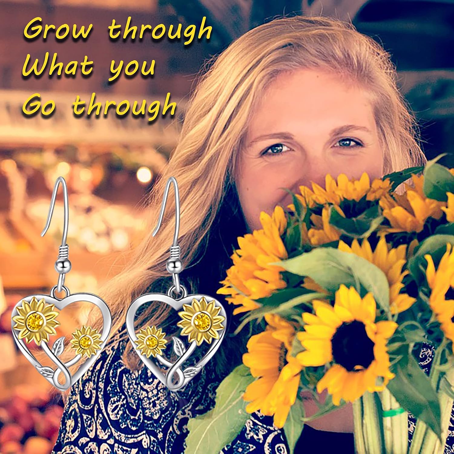 Silver Sunflower Heart Earrings for Women - 925 Sterling Silver Opal Sunflowers/Daisy Heart Dangle Hoop Earring, Valentines Mothers Day Christmas Gifts Jewelry for Her - Image 2