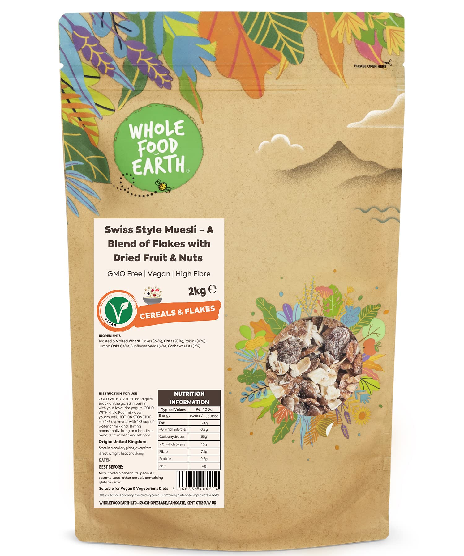 Wholefood Earth Swiss Style Muesli - A Blend of Flakes with Dried Fruit and Nuts 2 kg | GMO Free | High Fibre