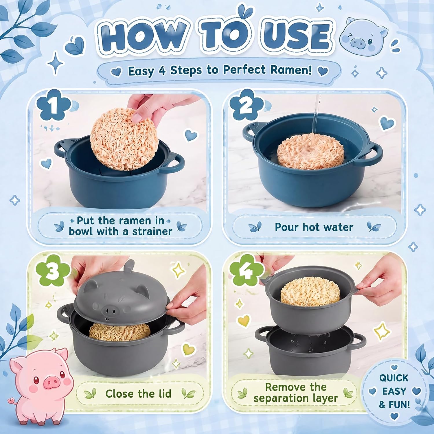 2 Sets 45oz Cute Pig Ramen Bowl Set Microwavable, Dark Blue, Gray image 4