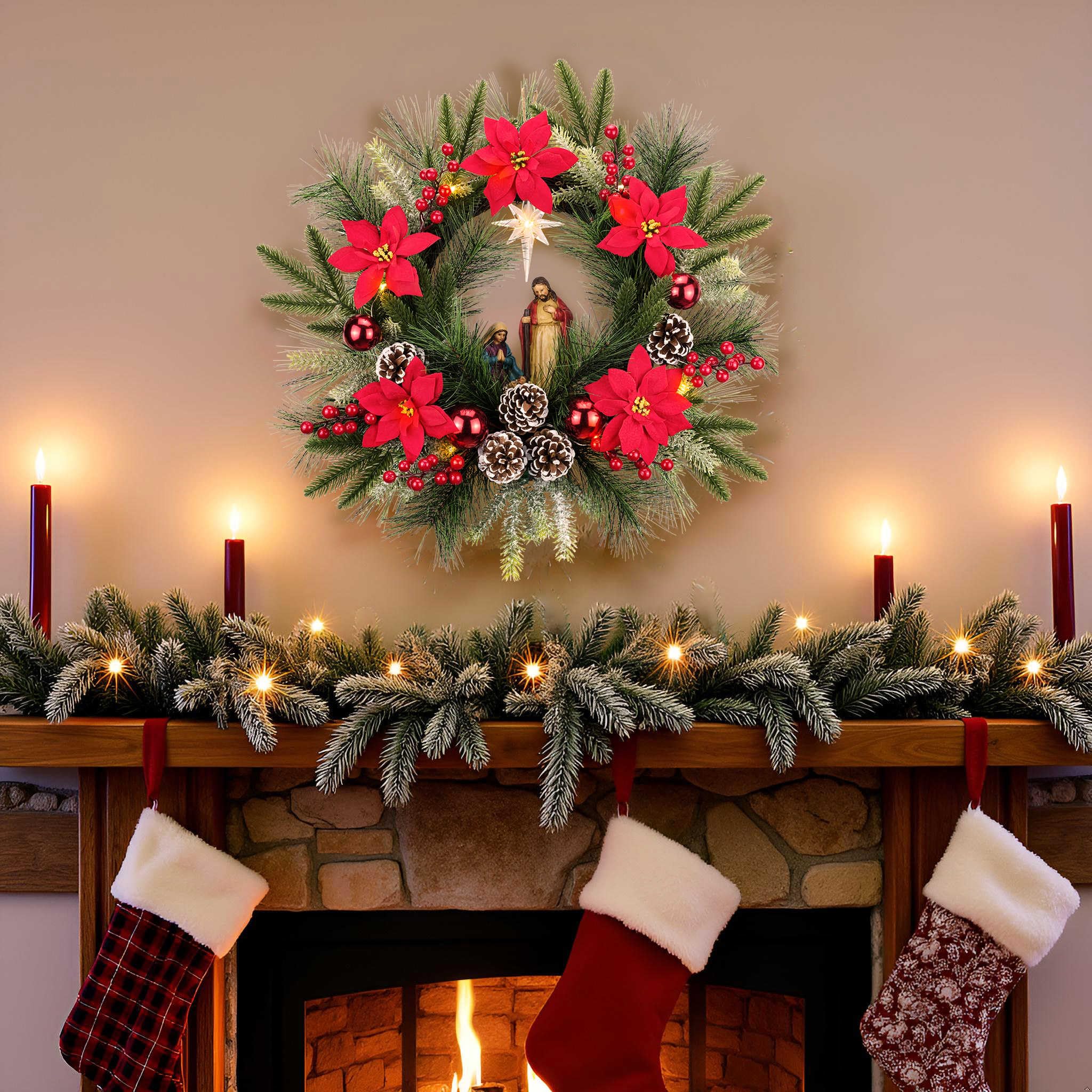 YULETIME 50,8 cm großer Weihnachtskranz mit Beleuchtung, batteriebetrieben mit 10 Lichterketten, Weihnachtskranz (Nativity Poinsettia) | Krippenstatue der Heiligen Familie, Stern von Bethlehem, Tannenzapfen, roter Weihnachtsstern und Beeren, Tannennadeln