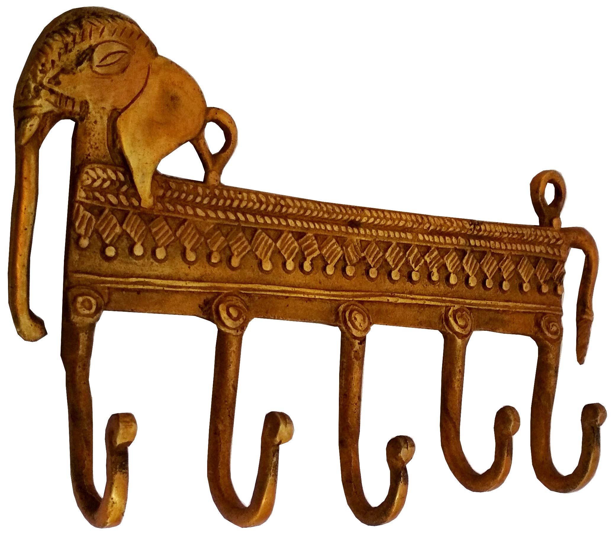 Purpledip Brass Wall Hook 'Regal Elephants': Vintage Design Coat Clothes Hanger (11735)