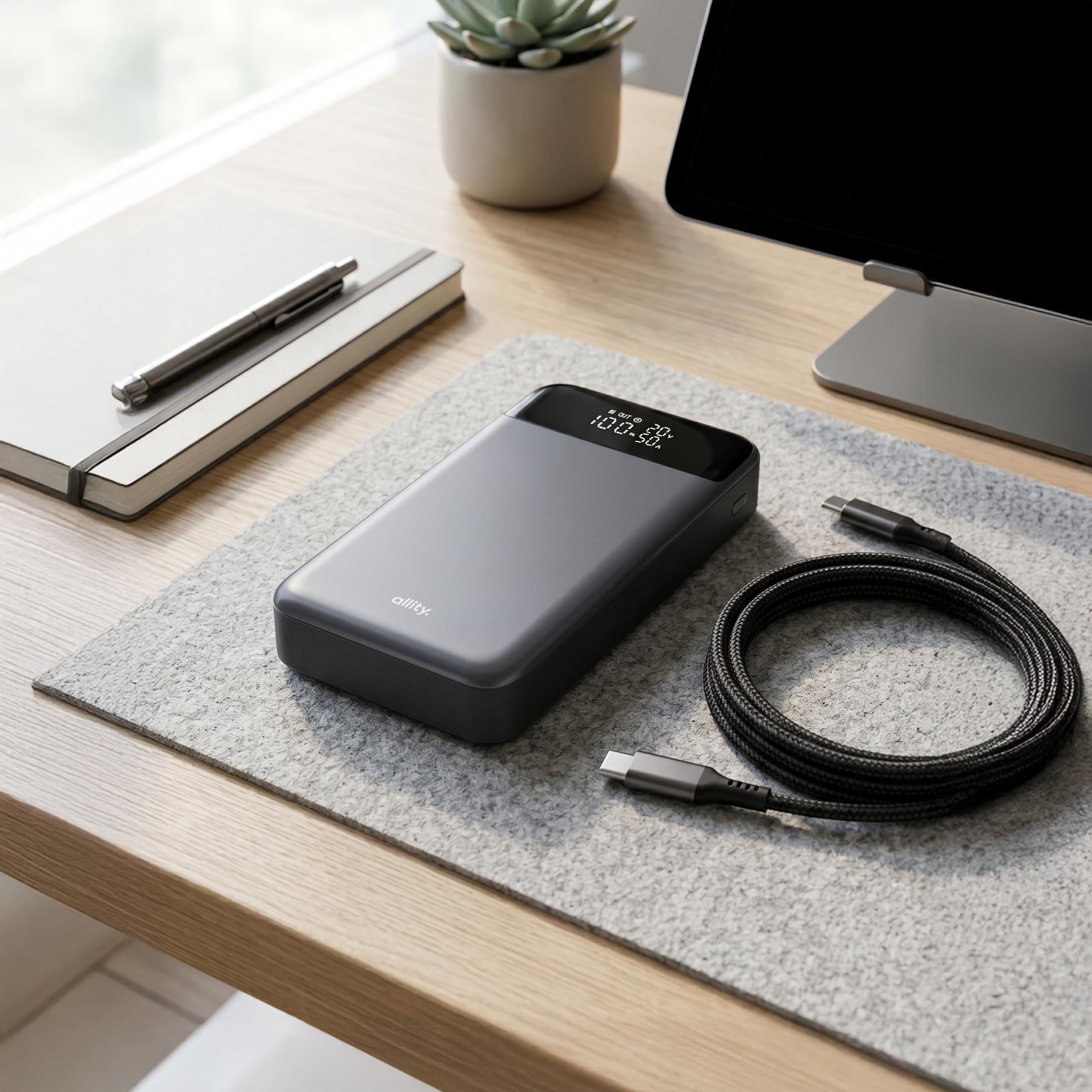 Powerbank 19200 mAh 130 W – Chargeur Rapide USB-C PD & QC pour Ordinateur Portable, téléphone Portable et Tablette – Boîtier en Aluminium, écran LCD, Compact, câble 100 W Inclus – Gris