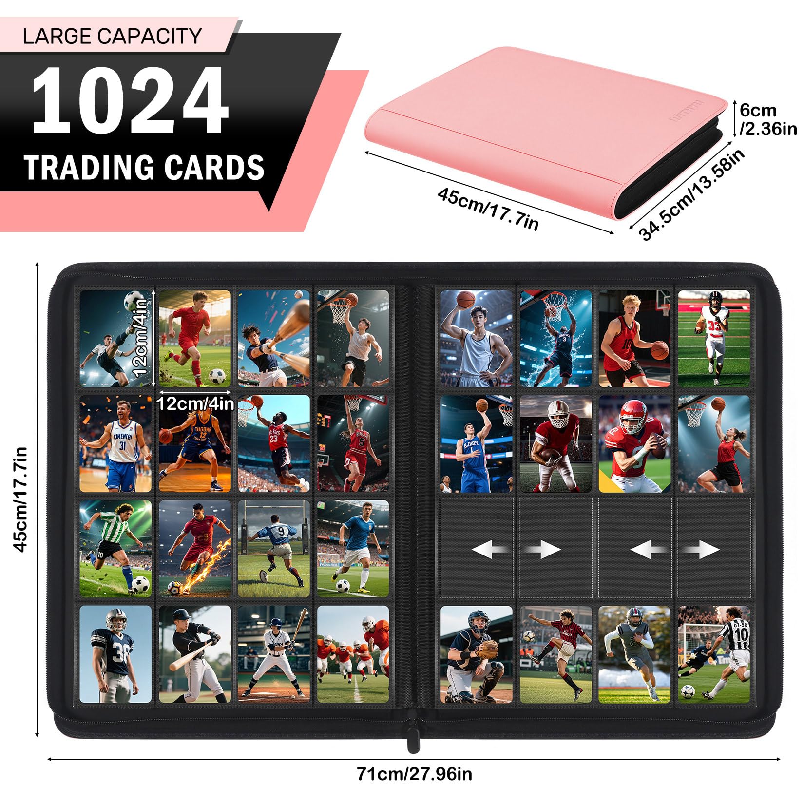 WITHYU Album da Collezione per Carte - 32 Pagine Capacità 1024 Carte, Portacarte Impermeabile & Antigraffio con Tasche Laterali per TCG/Gioco/Sport, Design Senza Anelli con Zip (Rosa)