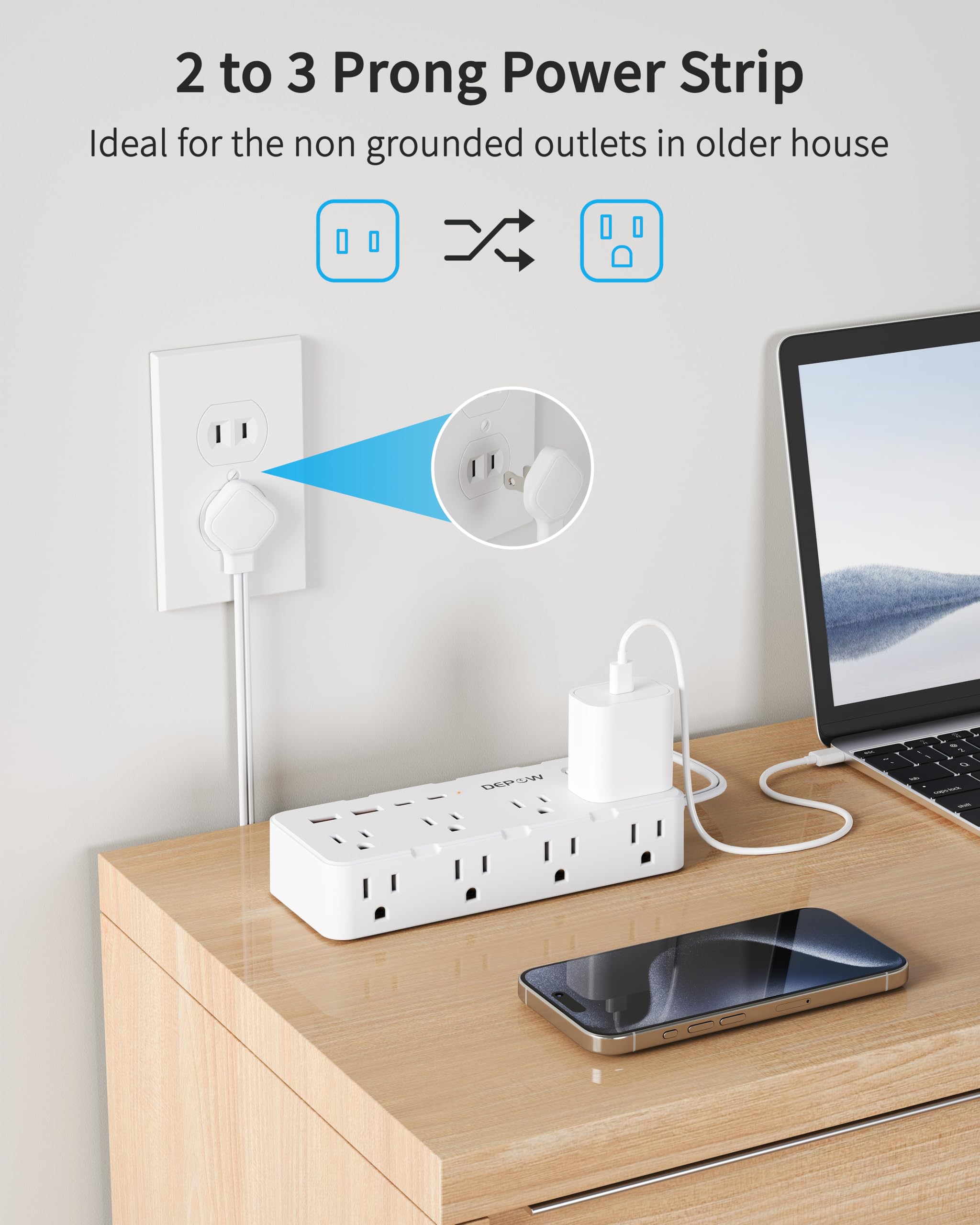 DEPOW - Tira de alimentación de 2 clavijas, cable de extensión de 10 pies, adaptador de salida de 2 a 3 clavijas con 8 puertos CA y 4 puertos USB (2 USB C), protector de sobretensión de dos clavijas
